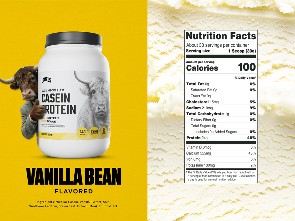 Levels 100% Micellar Casein Protein, Hormone Free, Vanilla Bean, 2LB