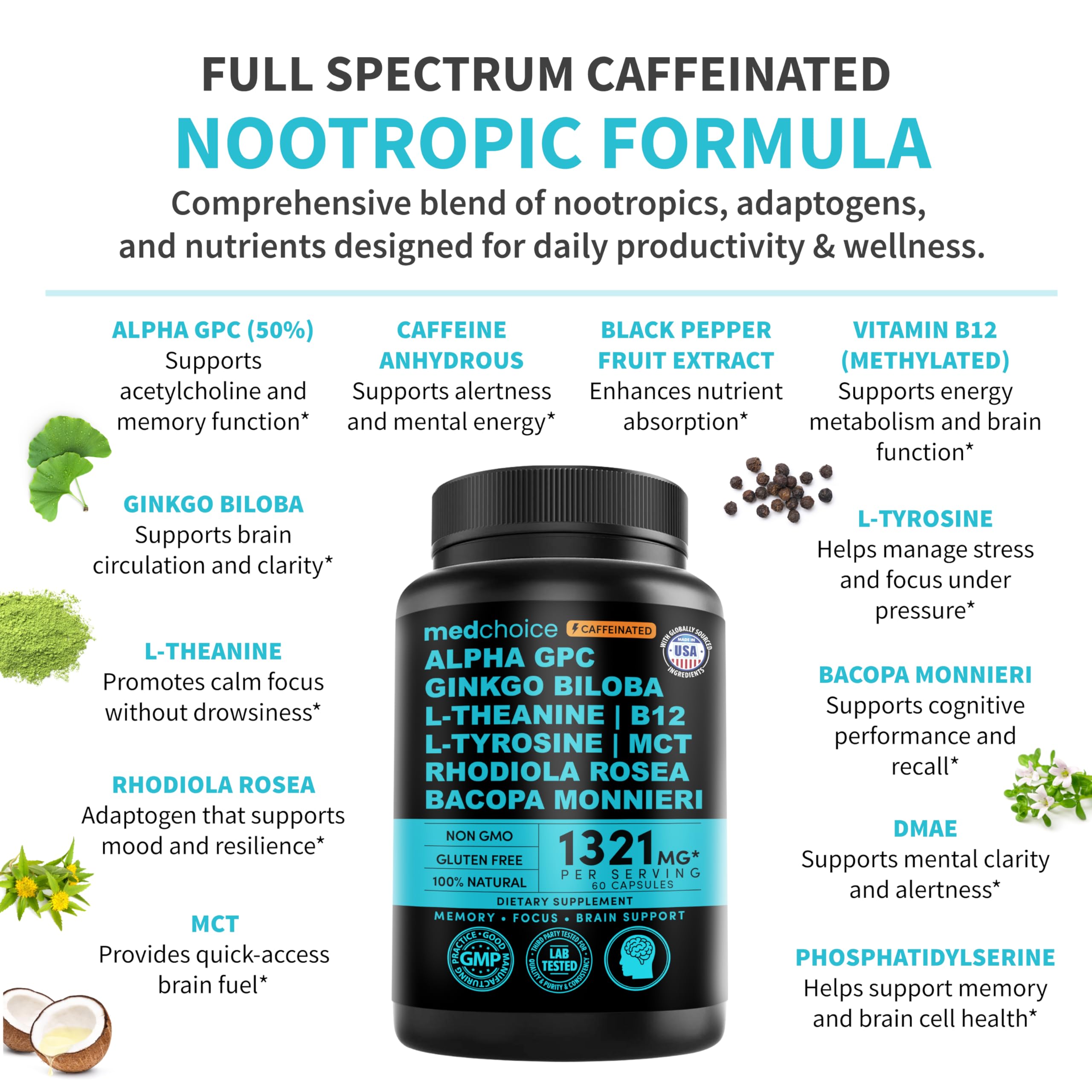 12-in-1 Nootropic Brain Supplement with Caffeine Anhydrous: Ginkgo Biloba for Brain Support, Memory and Focus - B12, Alpha GPC, L Theanine and Choline Supplements with Bioperine with 1321mg (60ct) MEDCHOICE Au supplements