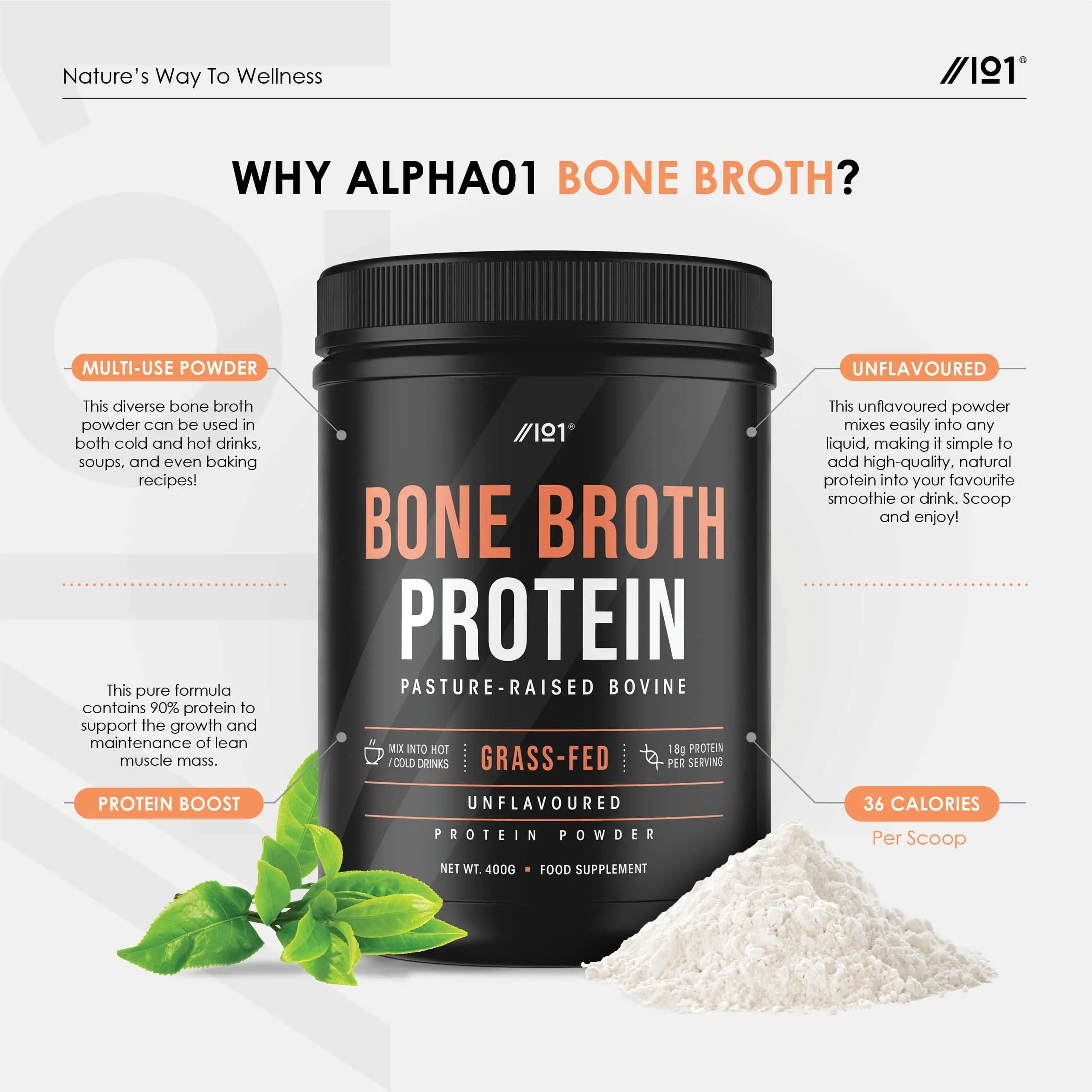 Bone Broth Beef Protein Powder - 400g - Unflavoured - 100% Grass-Fed & Pasture Raised Beef ALPHA01 Au supplements