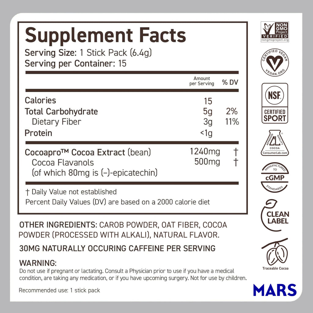 CocoaVia Cocoa Flavanols 500mg, High Flavanol Cocoa Powder, Support Heart and Brain Health, Boosts Nitric Oxide, Circulation, Preworkout, Travel-Friendly, Vegan, Dark Chocolate, 15 Single Serve Sticks