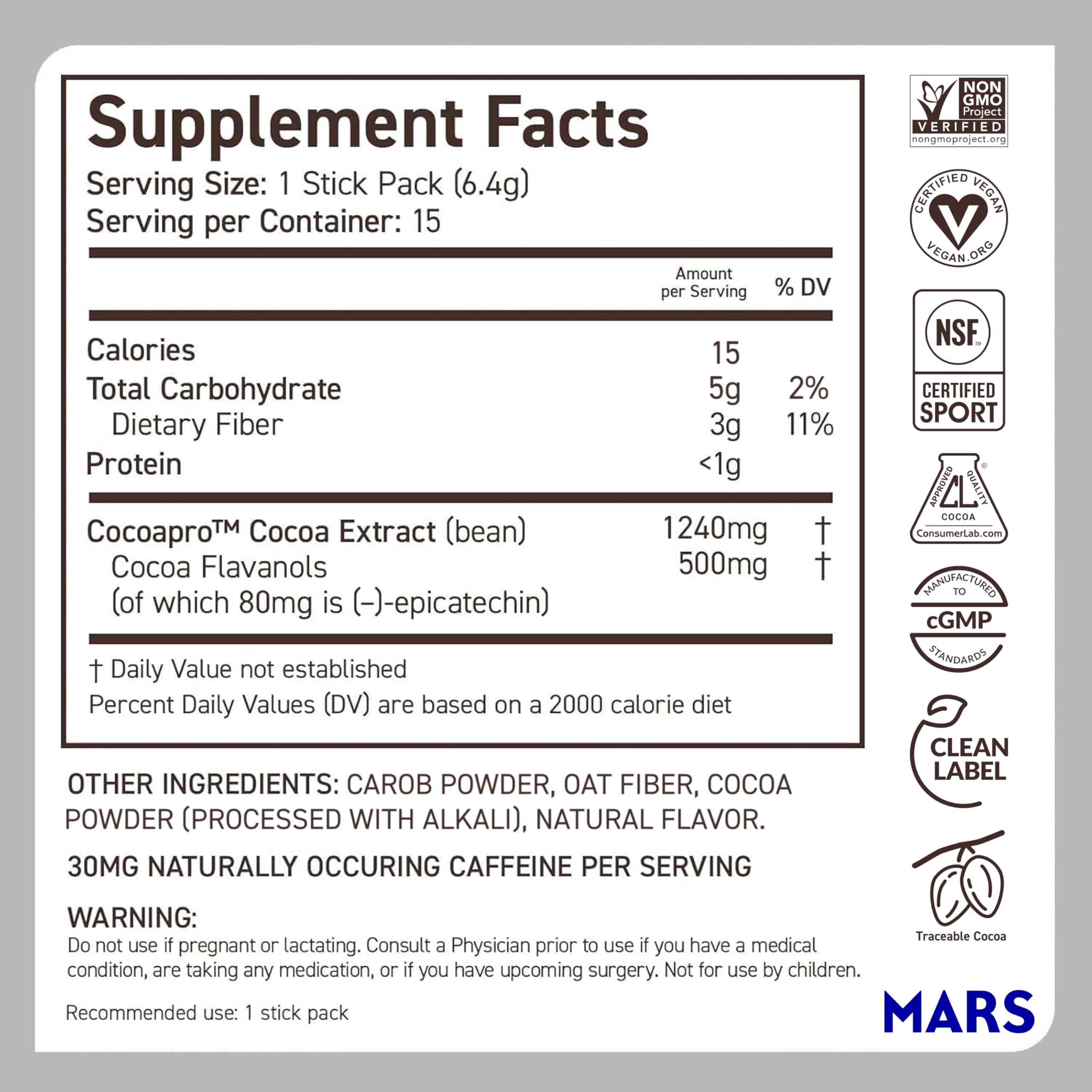 CocoaVia Cocoa Flavanols 500mg, High Flavanol Cocoa Powder, Support Heart and Brain Health, Boosts Nitric Oxide, Circulation, Preworkout, Travel-Friendly, Vegan, Dark Chocolate, 15 Single Serve Sticks