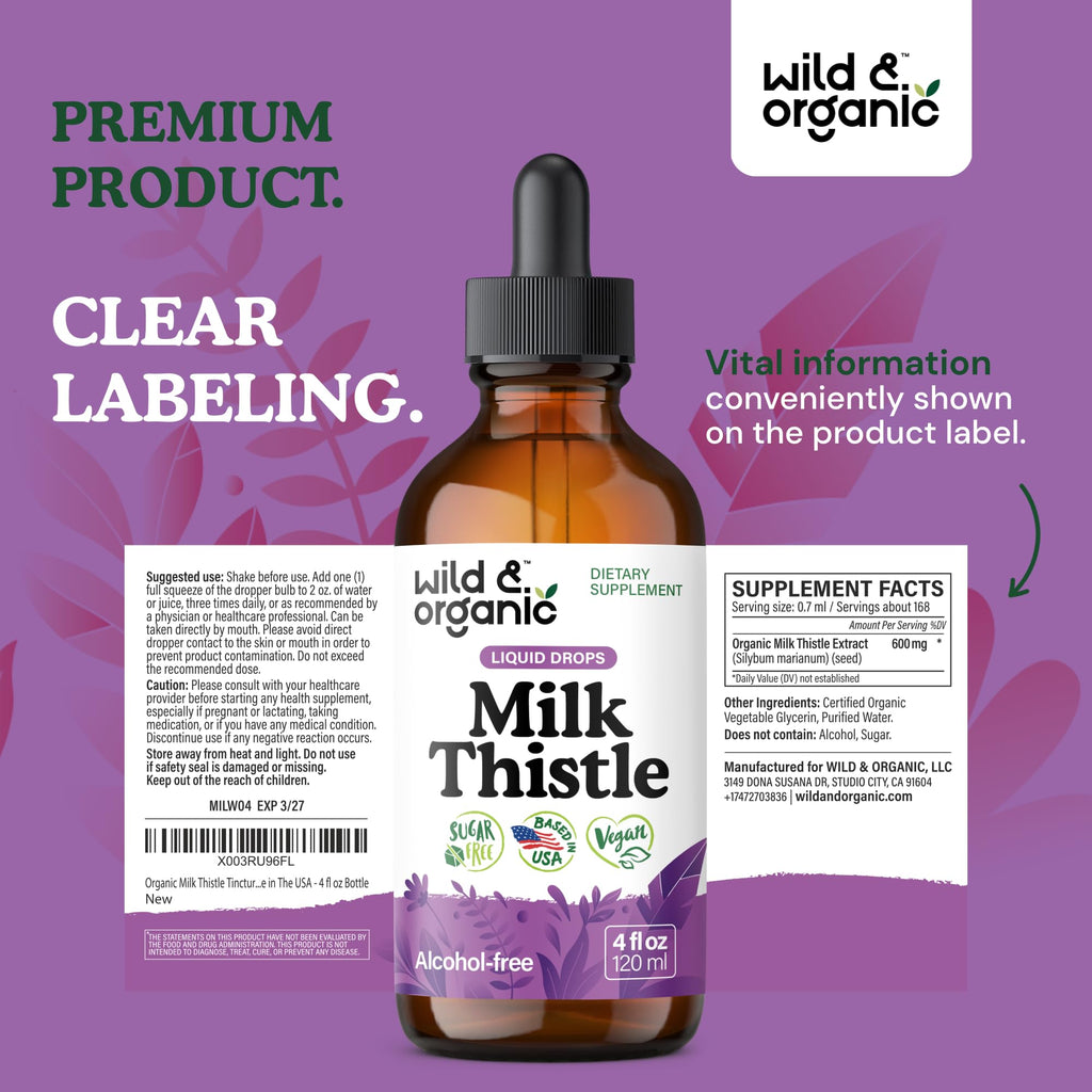 Wild & Organic Milk Thistle Liquid Drops - Liver Cleanse Detox - Silymarin Milk Thistle Supplement for Liver Support - Add to Tea - Silybum Marianum Seed Extract Tincture