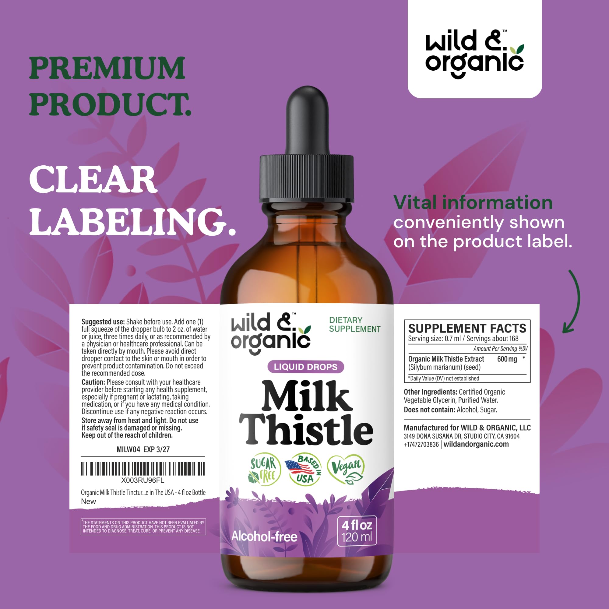 Wild & Organic Milk Thistle Liquid Drops - Liver Cleanse Detox - Silymarin Milk Thistle Supplement for Liver Support - Add to Tea - Silybum Marianum Seed Extract Tincture