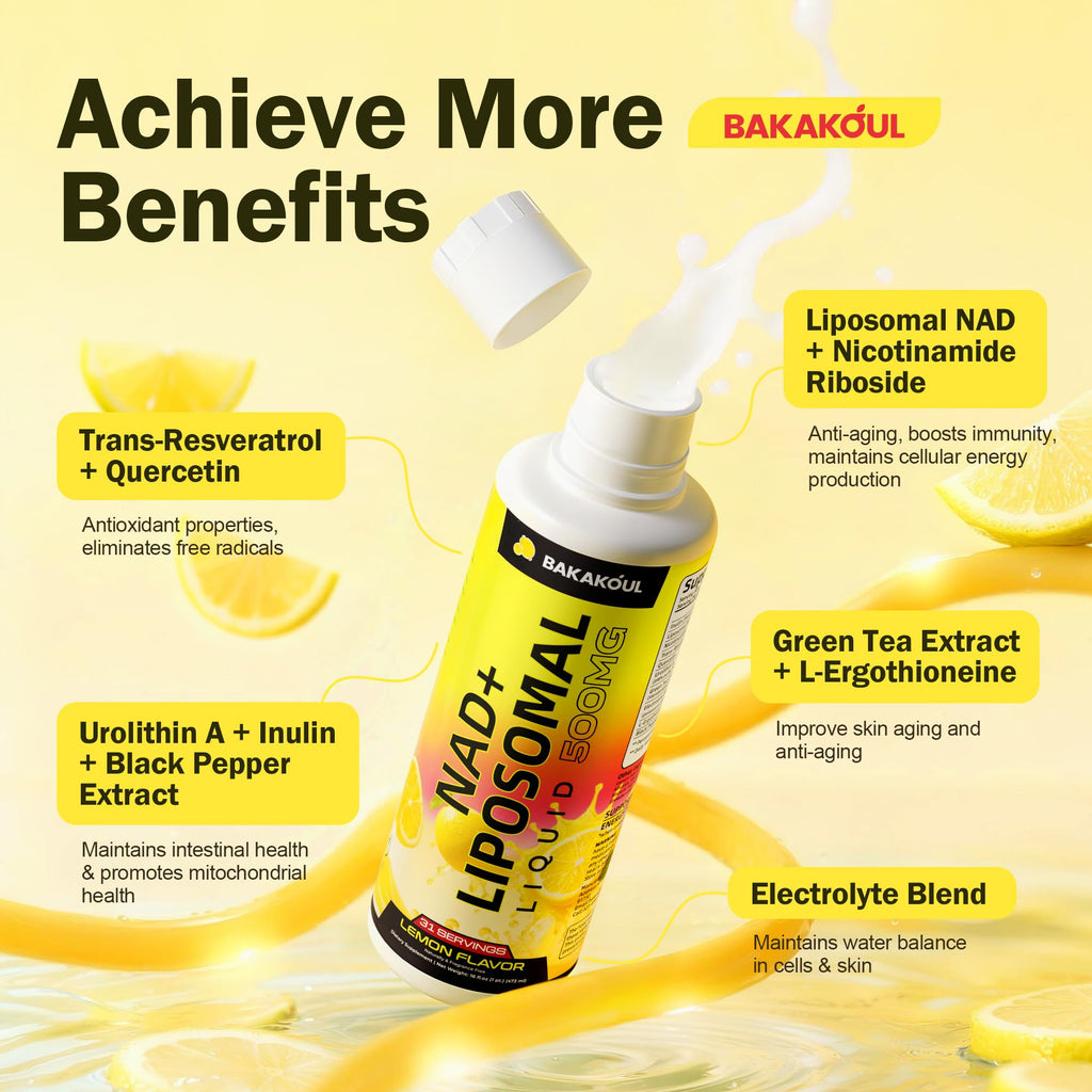 Liposomal NAD+ Liquid Supplement - Designed to Help Support Absorption - Nhanced Cellular Uptake, Helps Support Normal Cellular Health, Supports Cellular Energy Metabolism and Vitality - Lemon Flavor BAKAKOUL Au supplements