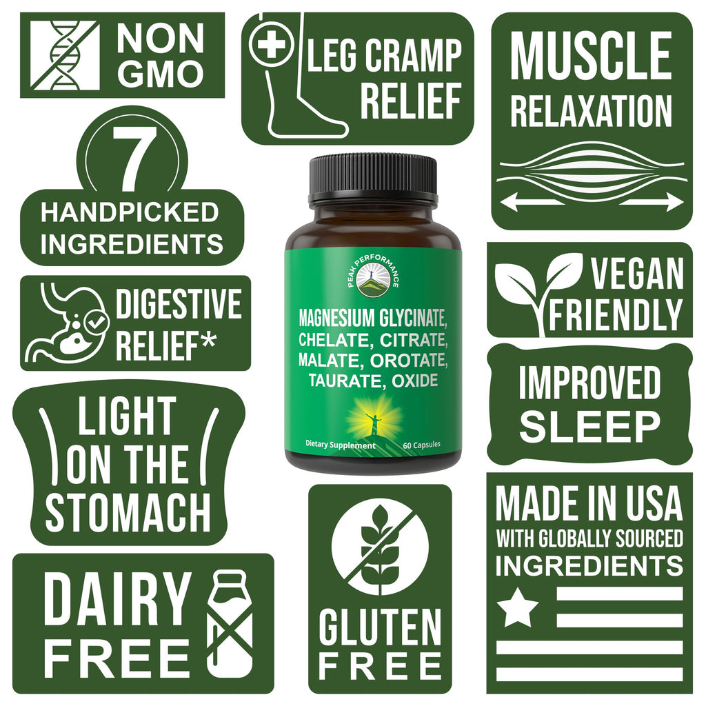 Magnesium Glycinate + Citrate + Malate + Chelate + Orotate + Taurate + Oxide. 7 Forms of Magnesium Complex. 500mg Supplement Capsules for Women & Men. 2 Pills for Sleep, Leg Cramps, Muscles Peak Performance Au supplements