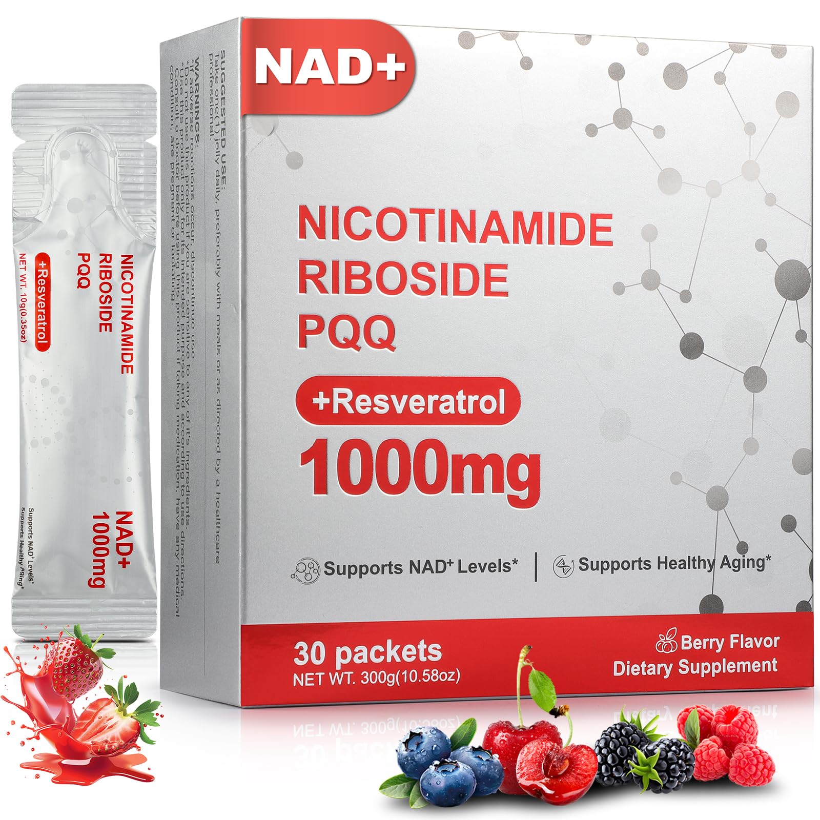 Zooone NAD+ Liquid Supplement 1000mg, Nicotinamide Riboside & Resveratrol, Extra Strength Berry Flavor Drink Mix for Energy, Focus & Anti-Aging -30 Pack Zooone Au supplements
