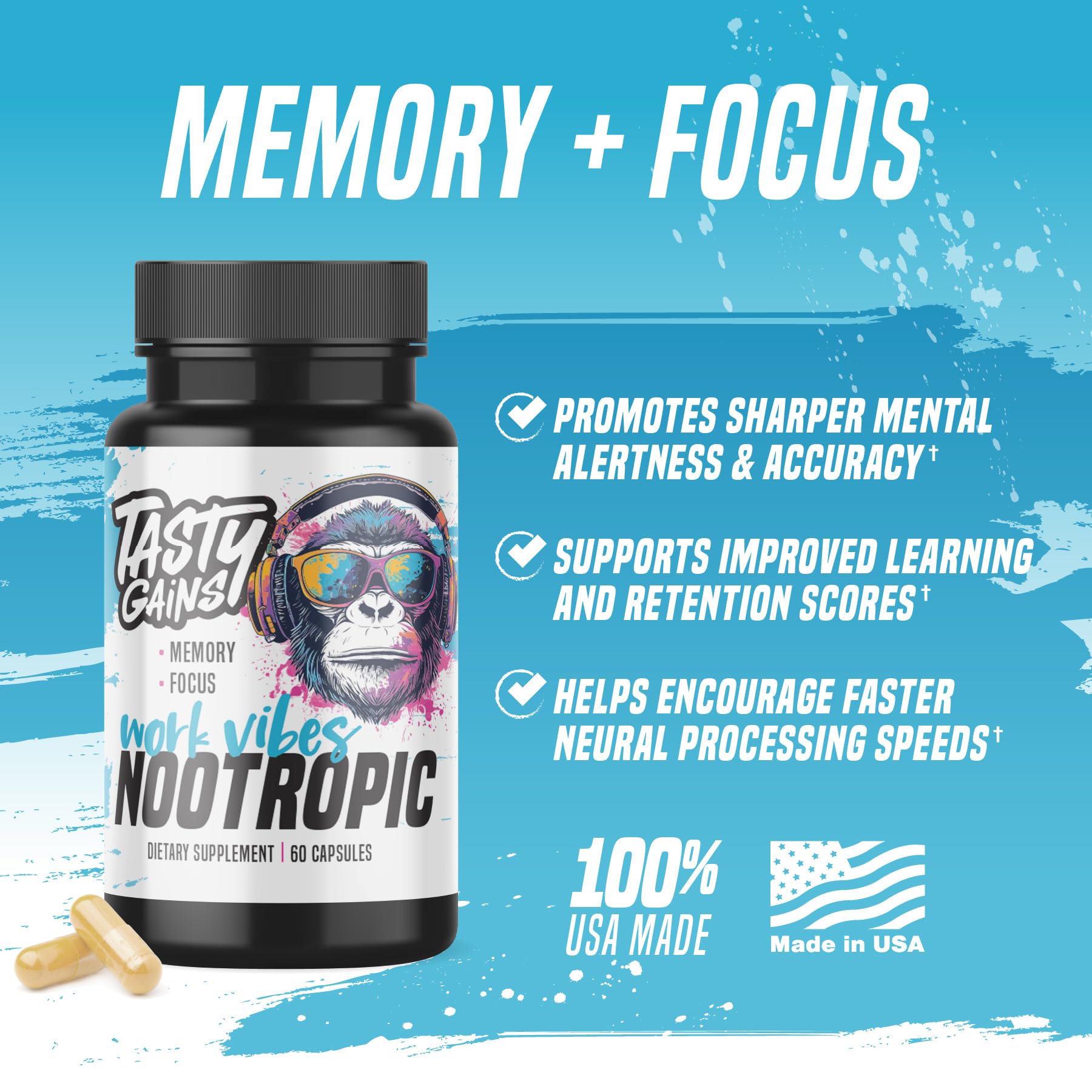 Nootropic Brain Supplement for Memory and Focus - Vitamin for Mental Health & Brain Health with L-Theanine, Rhodiola Rosea & Phosphatidylserine - Memory, Mental Clarity & Cognitive Improvement - 60 Ct TASTY GAINS Au supplements