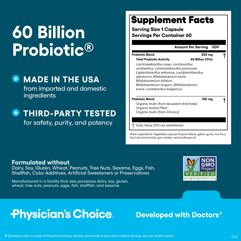 Physician's CHOICE Probiotics 60 Billion CFU - 10 Strains + Organic Prebiotics - Immune, Digestive & Gut Health - Supports Occasional Constipation, Diarrhea, Gas & Bloating