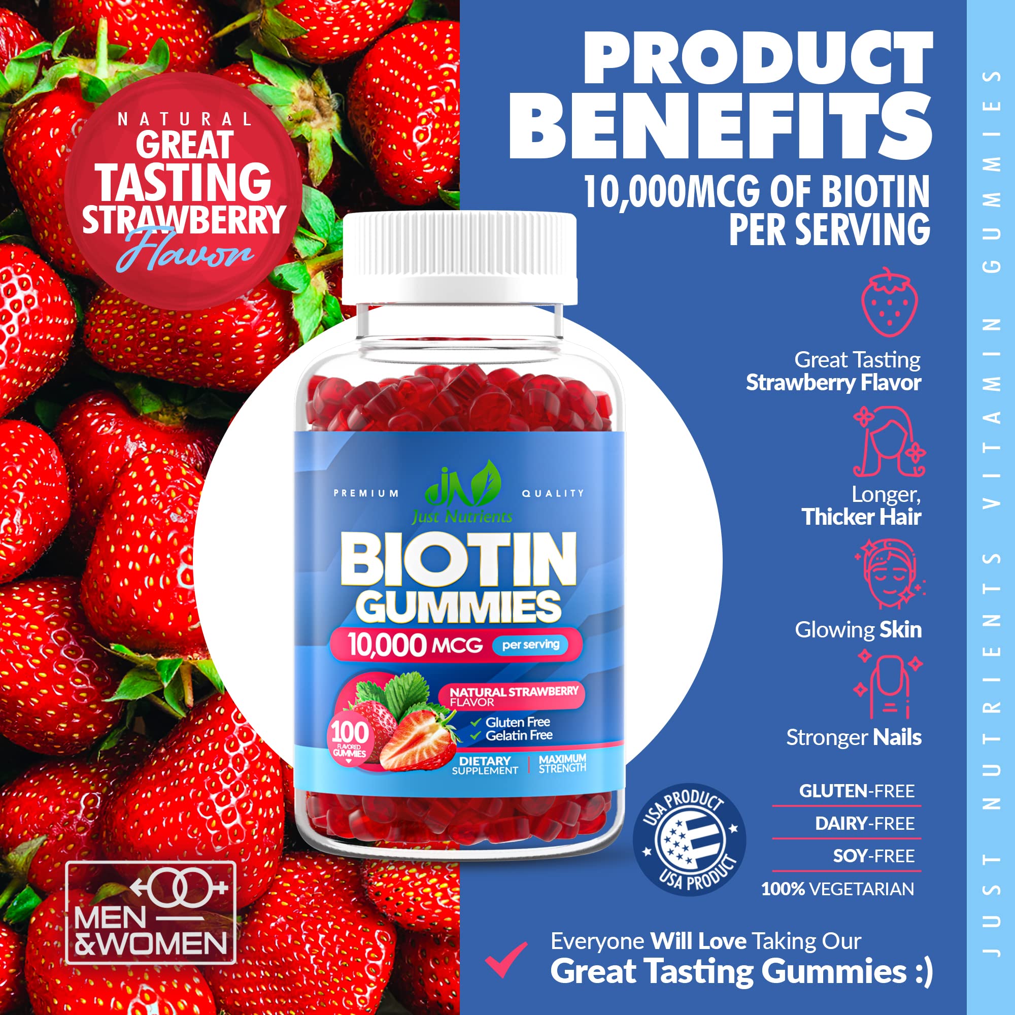 Biotin 10,000mcg Gummies for Hair Growth, Skin & Nails (100 Count) - 2x Maximum Strength Biotin Vitamins for Women & Men - Gluten-Free, Vegan, Non-GMO