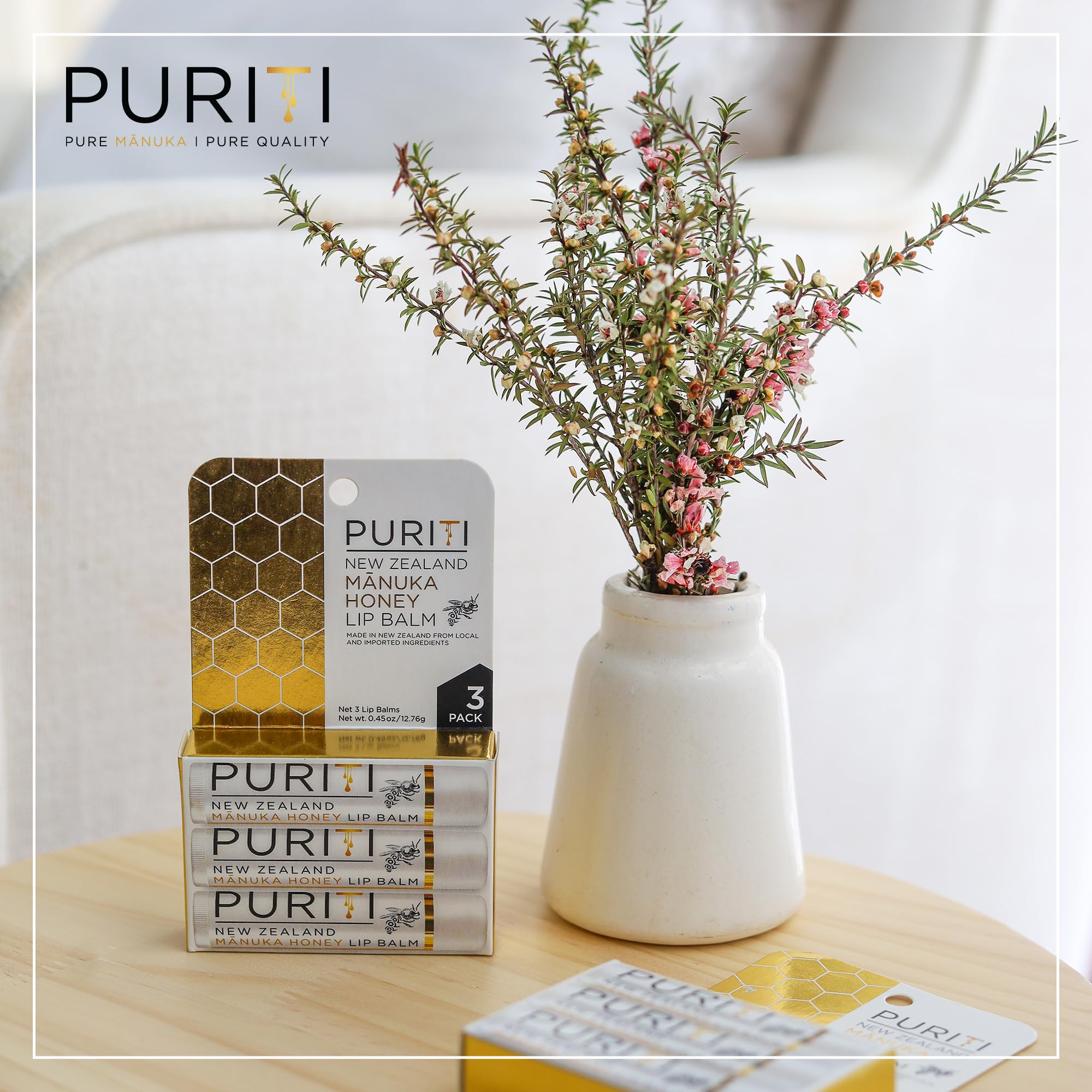 PURITI Manuka Honey Lip Balm – 3pack Soothing & Moisturizing, Enriched with Almond