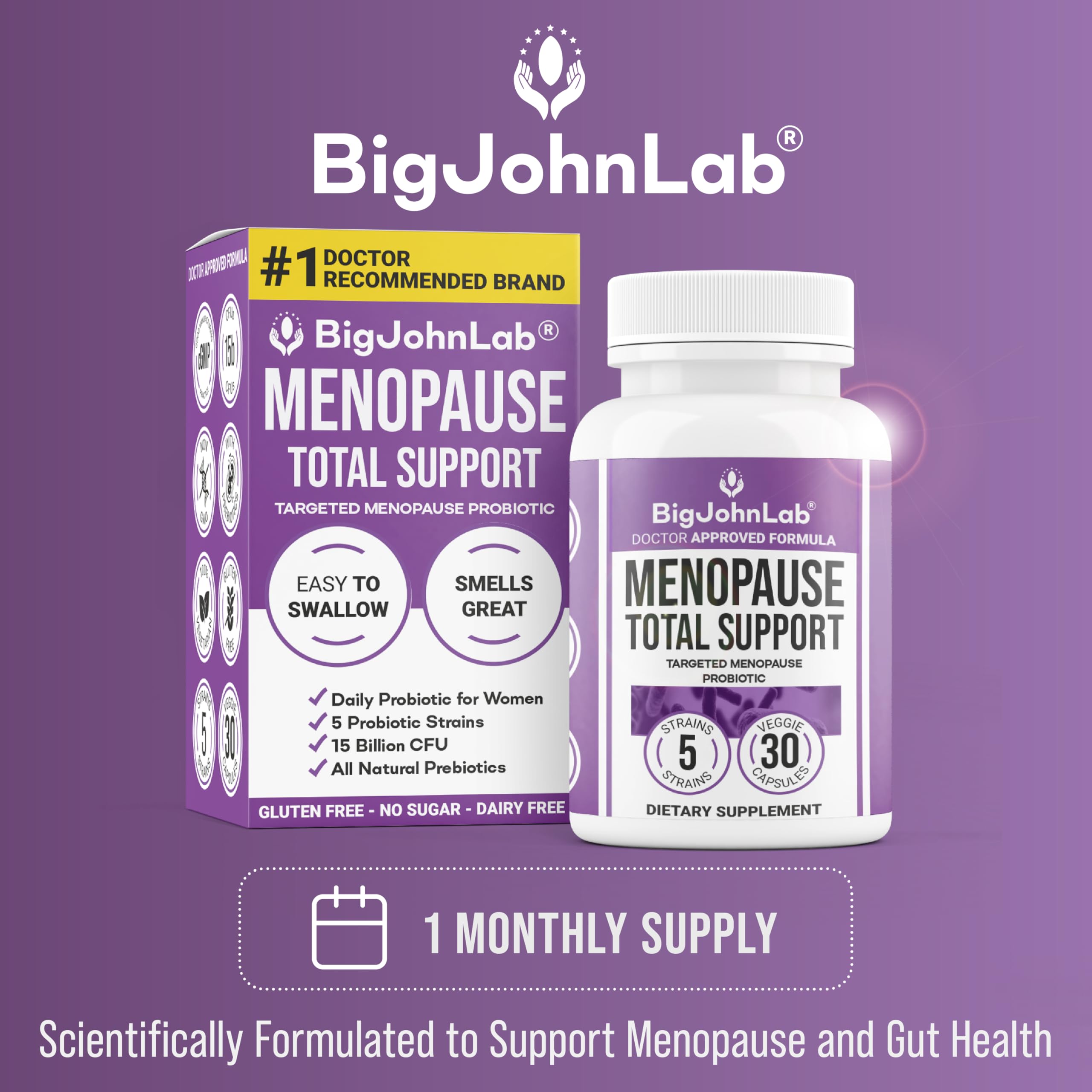 BIGJOHNLAB® - Menopause Total Support – Advanced Probiotic Formula with 5 Strains & 15 Billion CFU, Resveratrol, Black Cohosh, Acacia Fiber, Non-GMO & 100% Vegetarian BIGJOHNLAB Au supplements