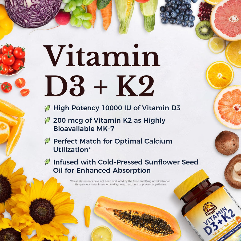 Vitalitown Vitamin D3 K2 Supplement, Vitamin D3 10000 IU Vitamin K2 (MK7) 200 mcg, 90 Softgels, Non-GMO, No Gluten & Soy