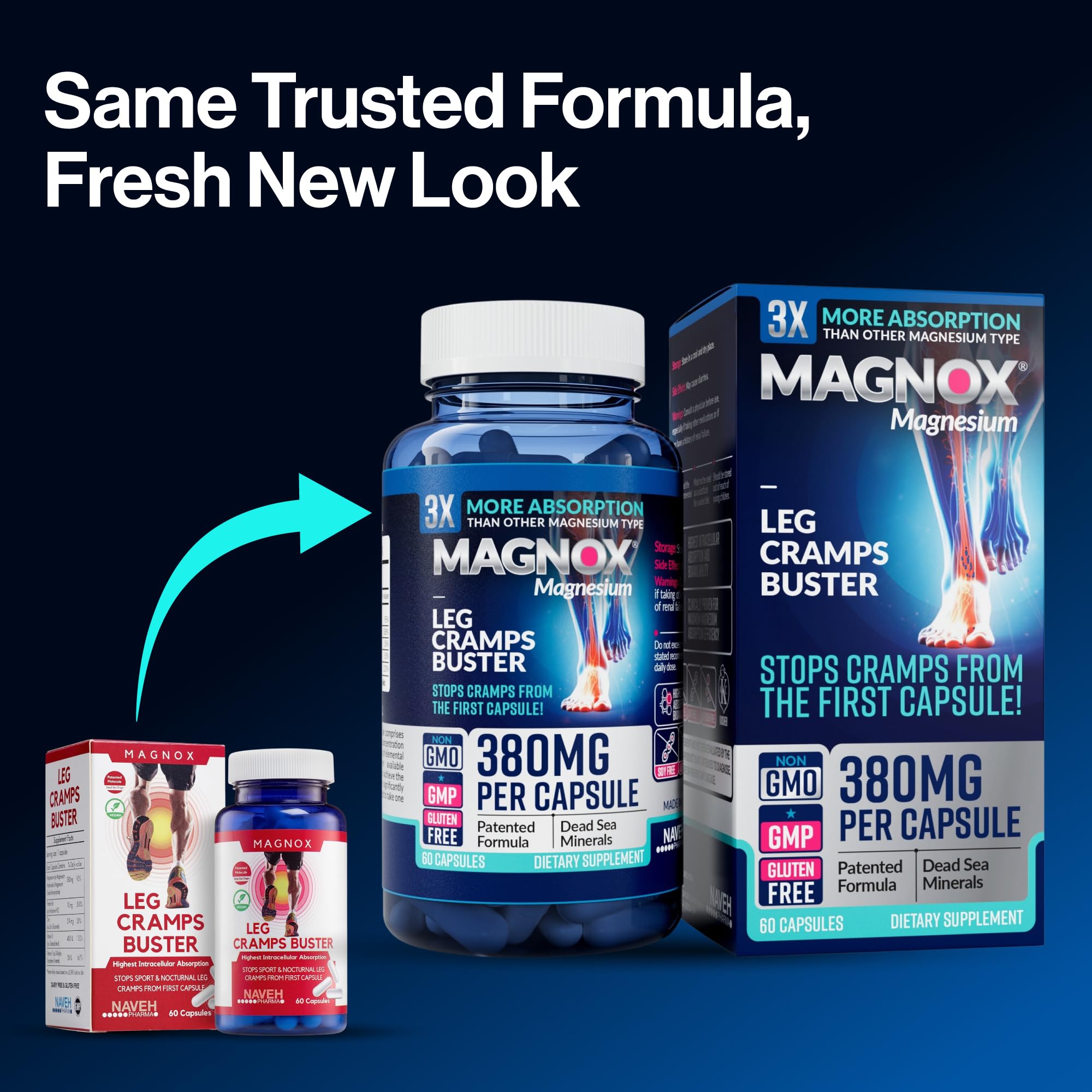 MAGNOX® Buster | Patented Clinically Tested 380mg Magnesium Supplement for Spasms & Leg Cramps at Night | One Capsule a Day for Almost Full Dosage | 3X More Absorption | Dead Sea Minerals (60 Caps) MAGNOX Au supplements