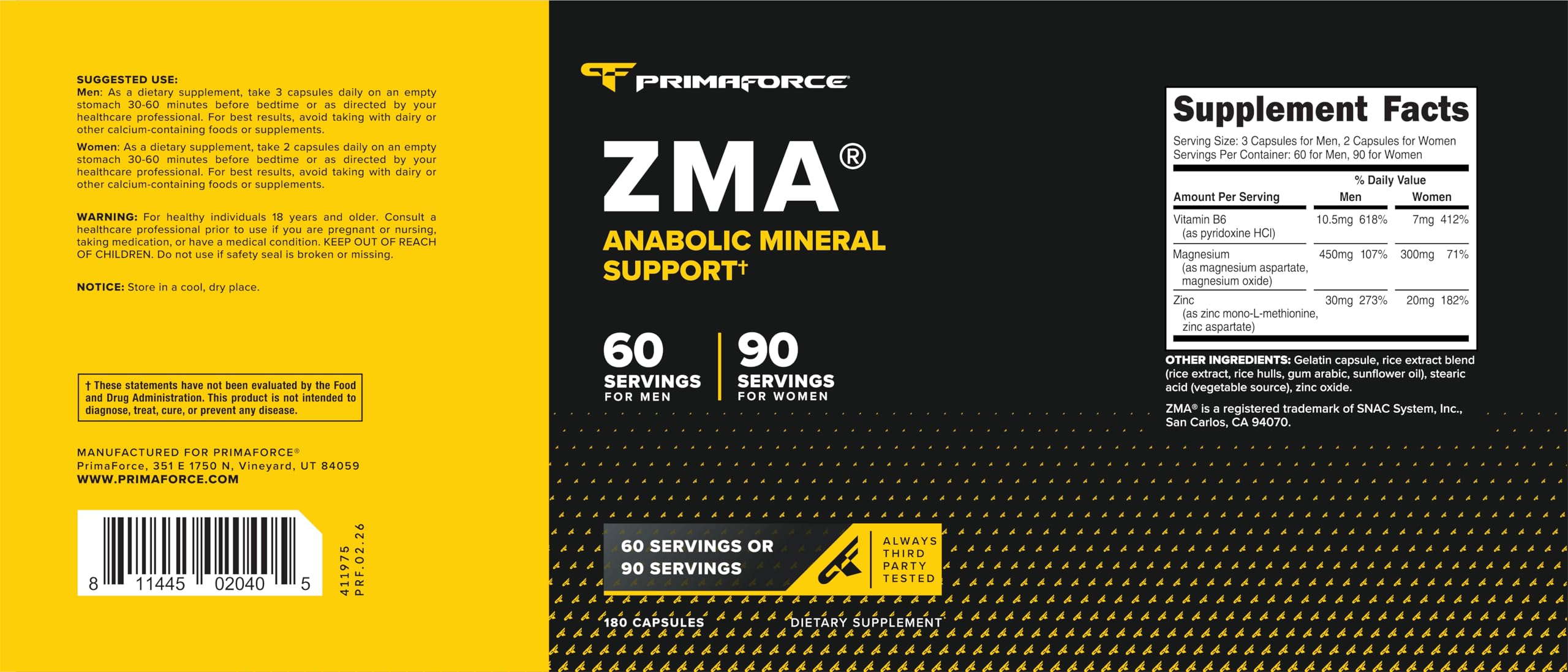 Primaforce ZMA Dietary Supplement, 180 Capsules