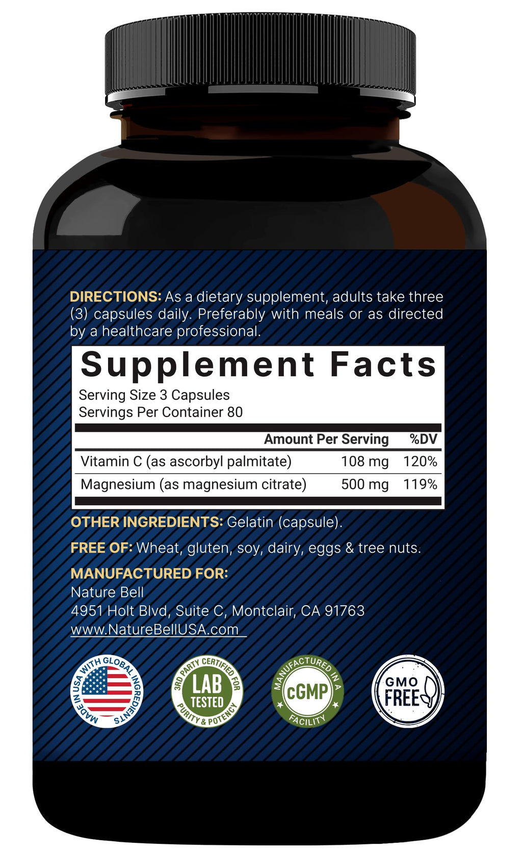 NatureBell Pure Magnesium Citrate 500mg per 3 Capsules Serving Size, 240 Capsules per Bottle