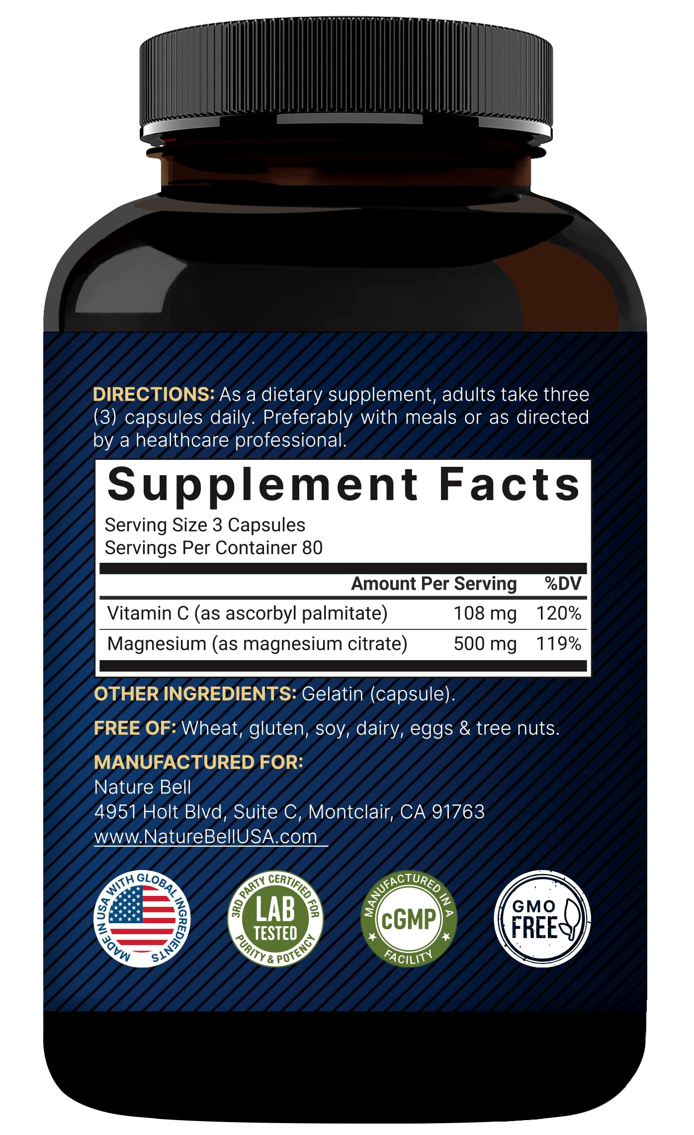 NatureBell Pure Magnesium Citrate 500mg per 3 Capsules Serving Size, 240 Capsules per Bottle