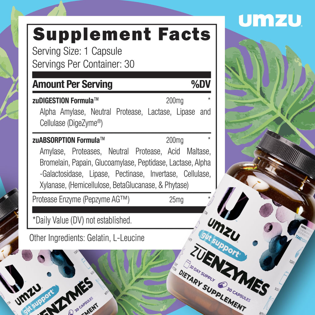 UMZU zuEnzymes Digestive Support Supplement, (30 Day Supply) – 21 Enzyme Blend with Lipase Protease & Amylase – Digestive Enzymes for Gut Health & Probiotic Daily