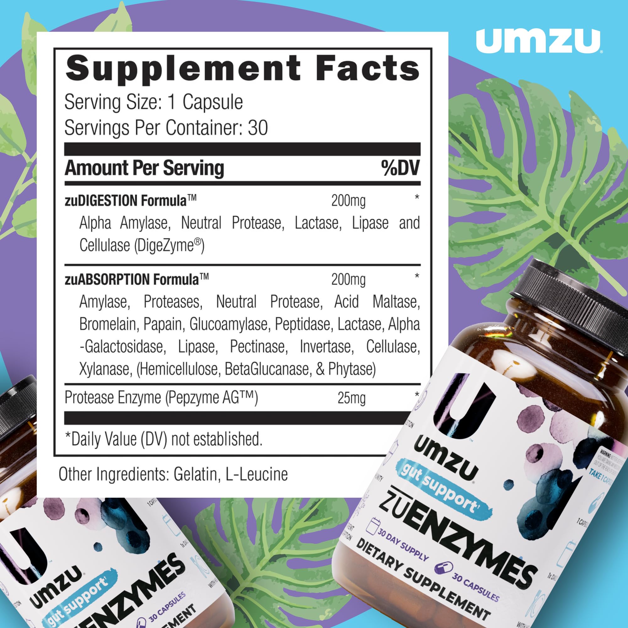 UMZU zuEnzymes Digestive Support Supplement, (30 Day Supply) – 21 Enzyme Blend with Lipase Protease & Amylase – Digestive Enzymes for Gut Health & Probiotic Daily