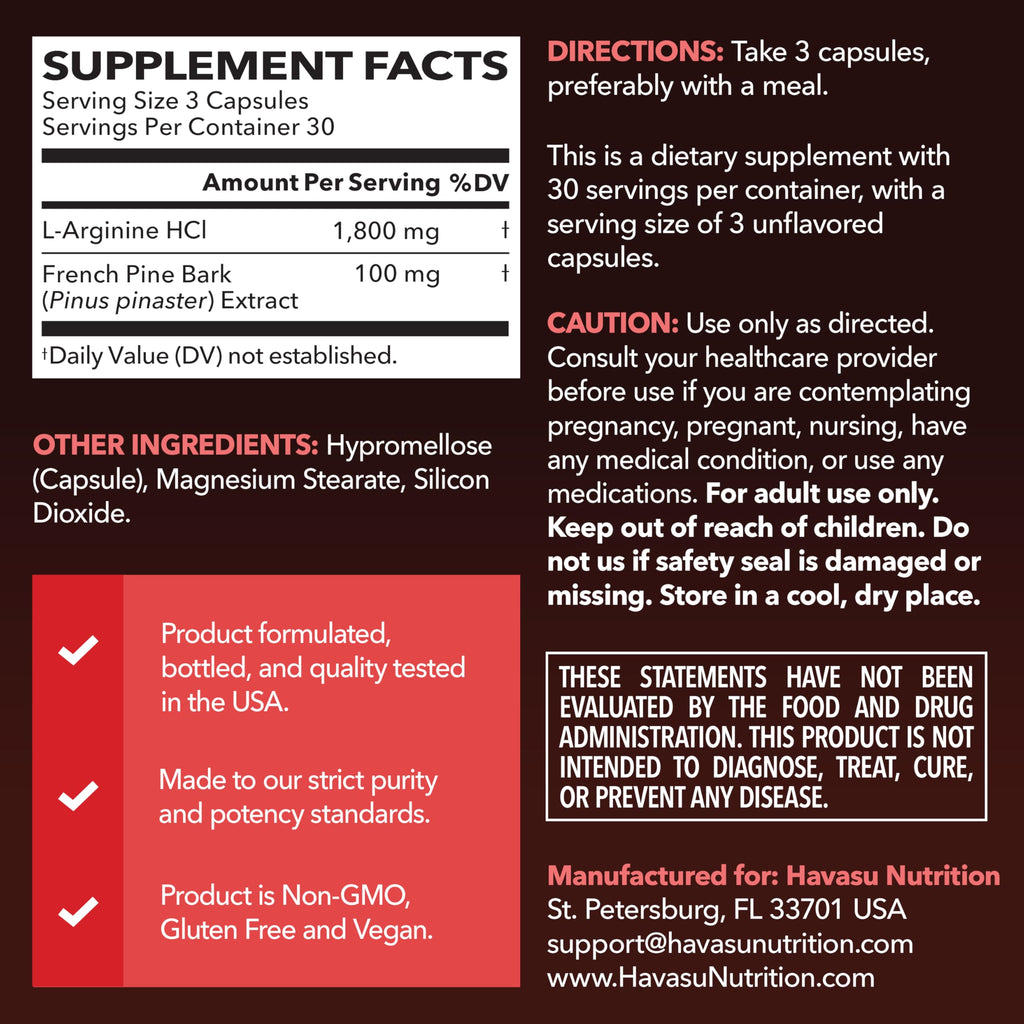 L-Arginine 1800mg and Pine Bark Extract 100mg - Nitric Oxide Supplement for Men - Performance Supplement for Men's Health - 90 Count - Endurance, Recovery Support