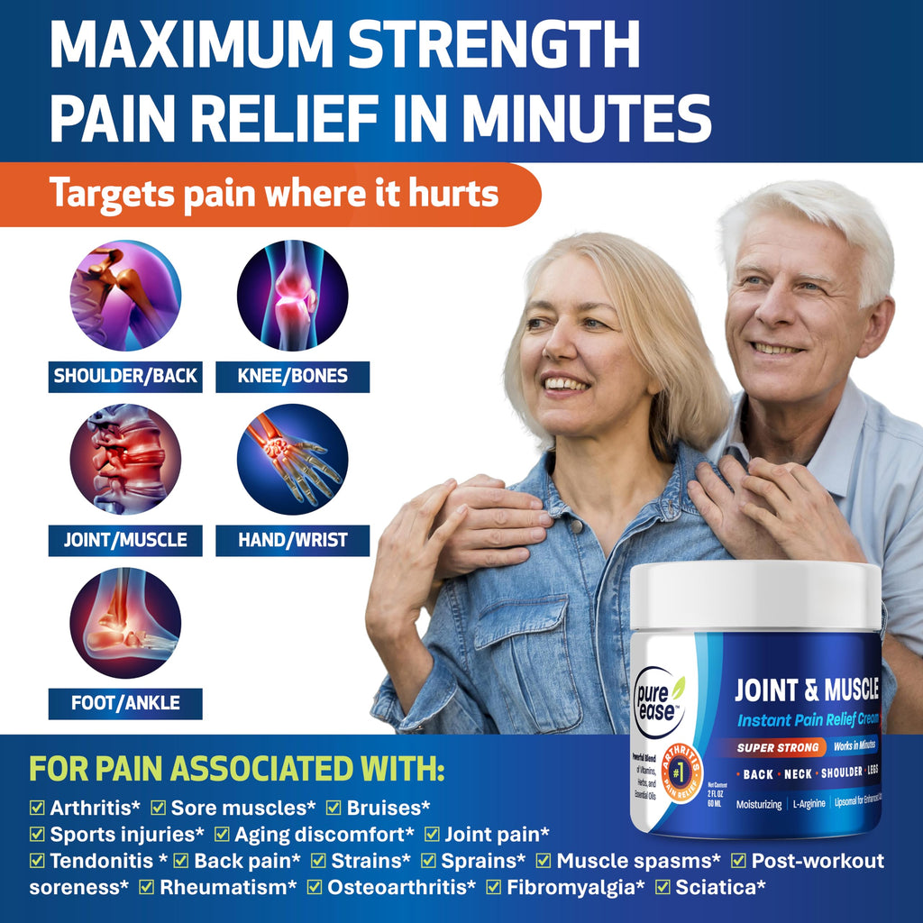 Pure Ease Arthritis Pain Relief Cream for Back 3 in 1 Maximum Instant Relief 2 OZ - Fast-Acting Muscle Pain Cream Extra Strength Joint & Knee - Powerful Formula for Neck Shoulder & Lower Back Pure Ease Au supplements