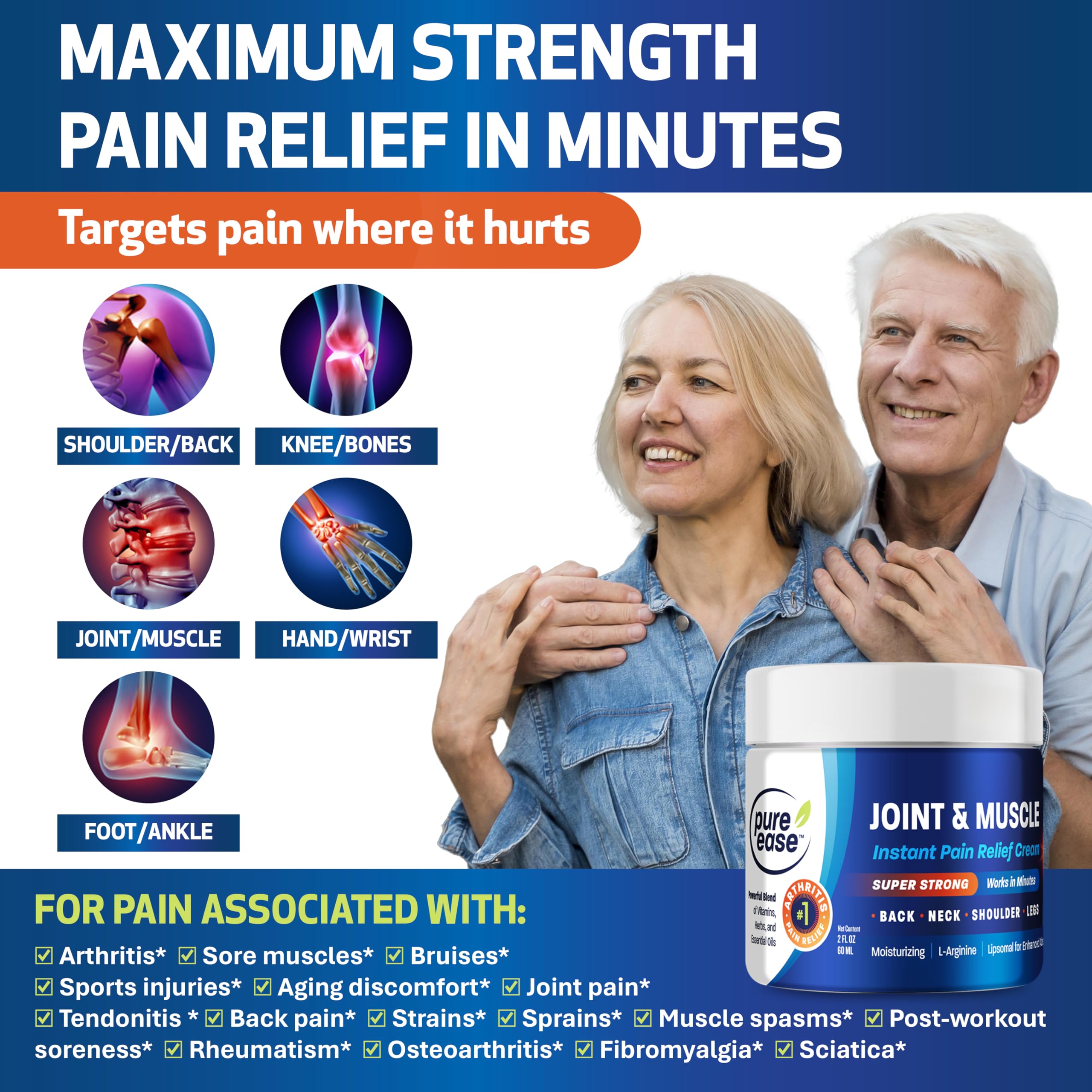 Pure Ease Arthritis Pain Relief Cream for Back 3 in 1 Maximum Instant Relief 2 OZ - Fast-Acting Muscle Pain Cream Extra Strength Joint & Knee - Powerful Formula for Neck Shoulder & Lower Back Pure Ease Au supplements