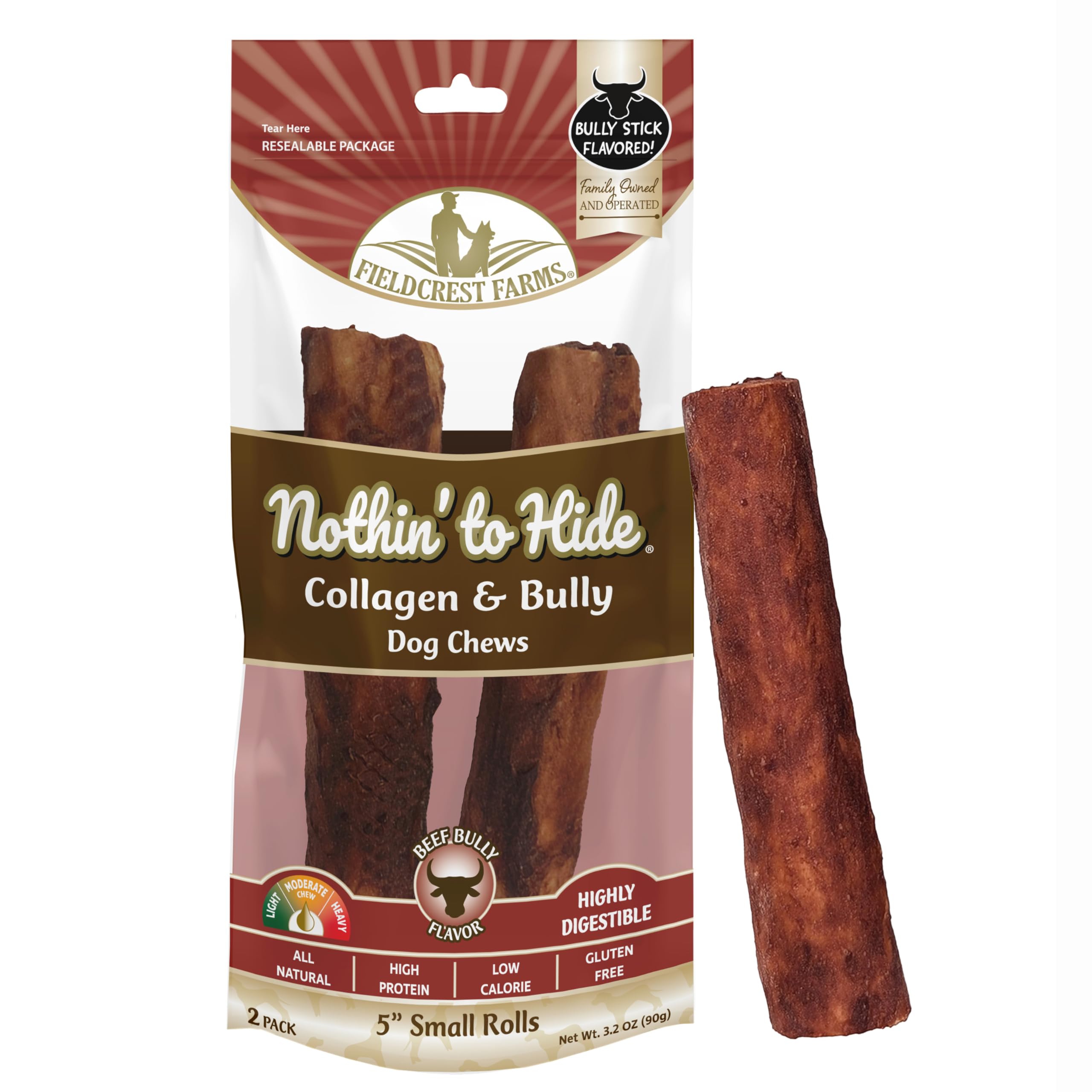 Fieldcrest Farms Nothin’ to Hide Collagen & Bully Small Rolls, 5 Inch, Beef Bully Flavor, Highly Digestible Chews That Support Skin, Coat, Joints & Muscles, for Moderate Chewers Under 25 Lbs, 2 Pack Fieldcrest Farms Au supplements