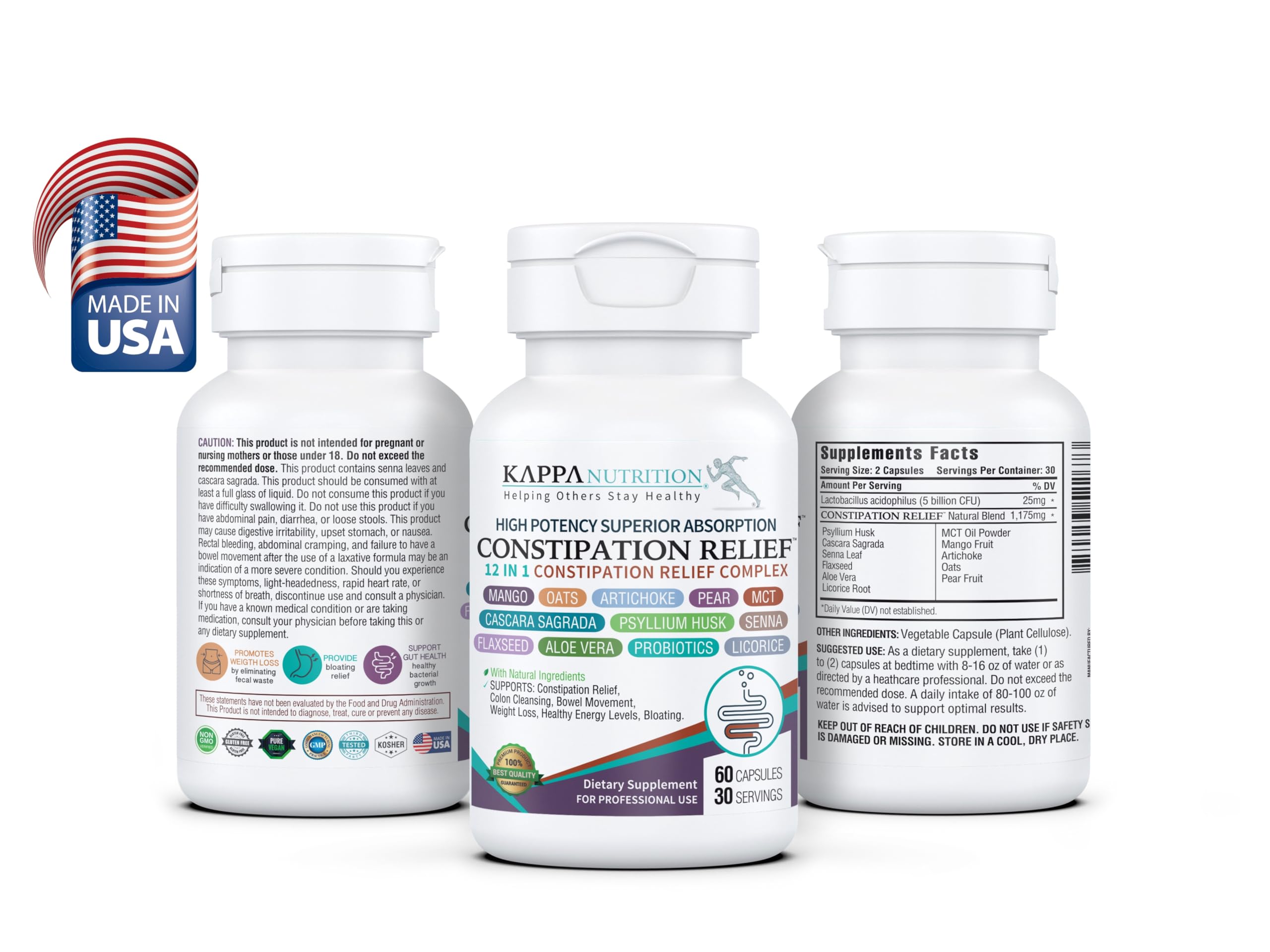 KAPPA NUTRITION Constipation Relief Supplement – Gentle Colon Cleanse for Regularity & Gut Health – Non-Habit Forming Formula with Fiber, Herbs & Probiotics – Non-GMO, 60 Capsules KAPPA NUTRITION Au supplements