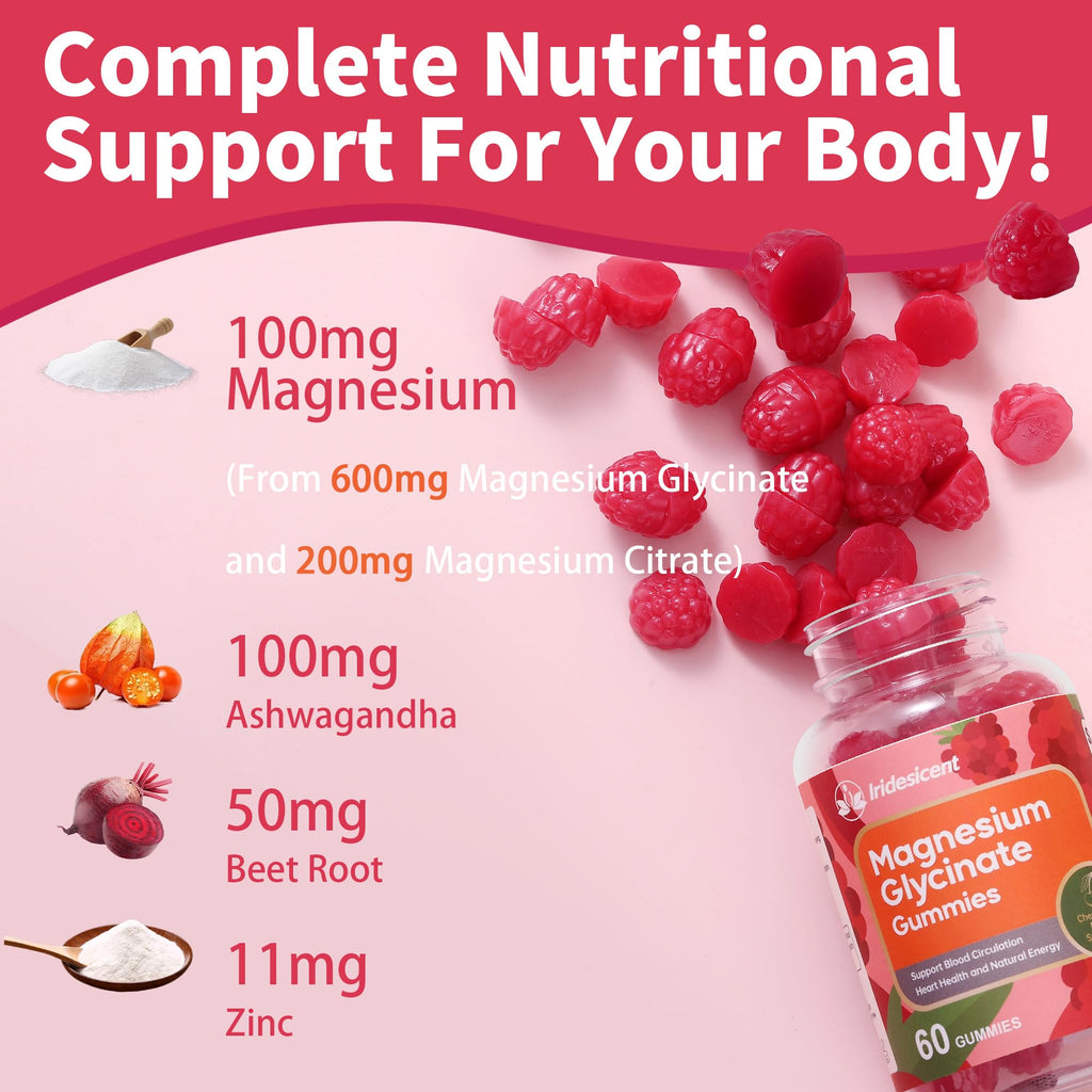 IRIDESICENT Magnesium Glycinate Gummies, Sugar Free Magnesium Supplement w/Ashwagandha, Zinc, Vegan Magnesium Glycinate Supplement for Adults