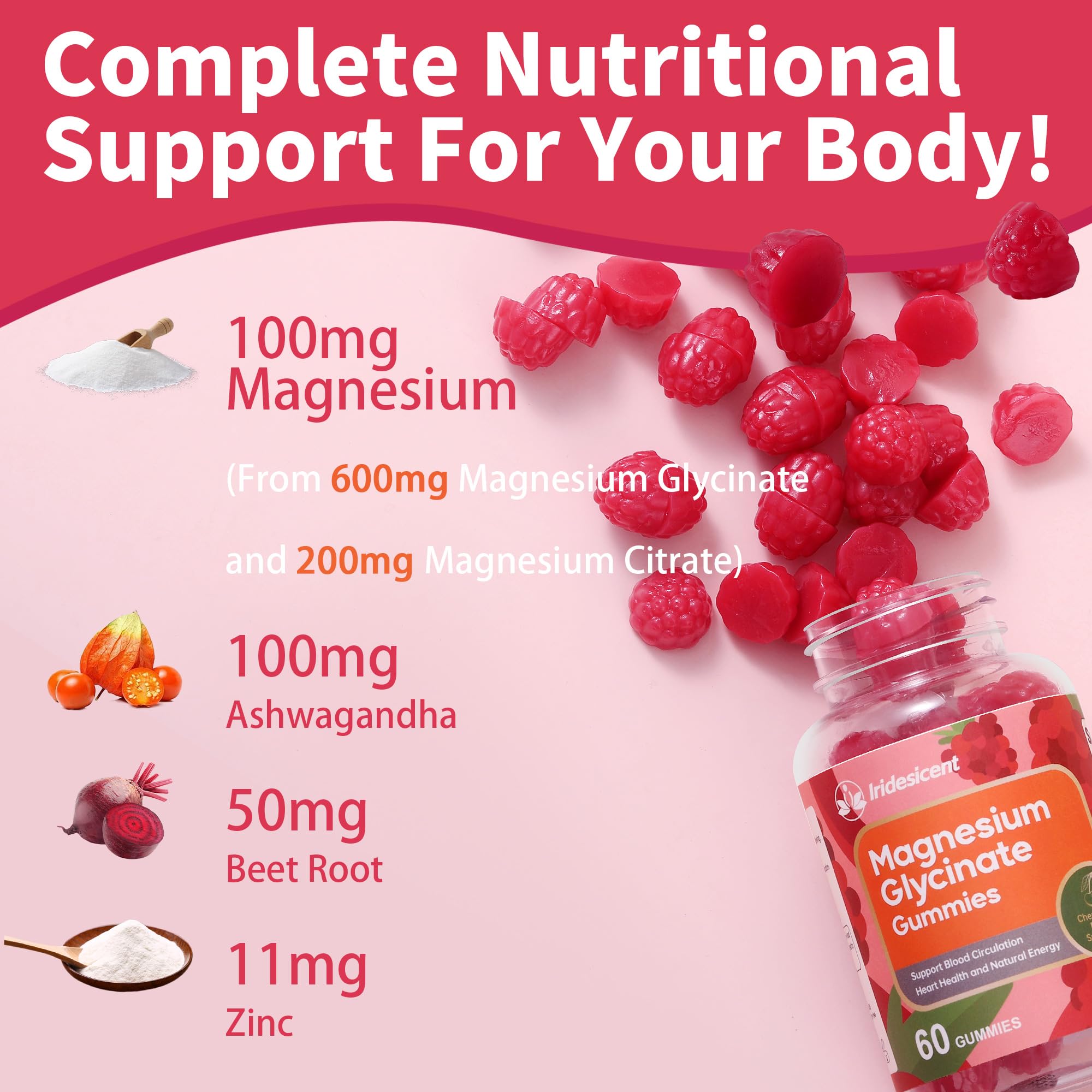 IRIDESICENT Magnesium Glycinate Gummies, Sugar Free Magnesium Supplement w/Ashwagandha, Zinc, Vegan Magnesium Glycinate Supplement for Adults