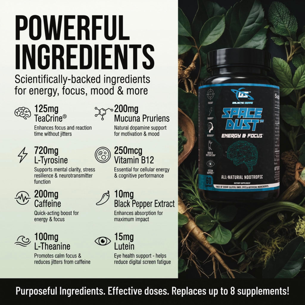 Space Dust Brain Supplements for Memory and Focus – Nootropic Focus Supplement for Brain Health & Mind Boost with TeaCrine, Caffeine, L-Tyrosine, L-Theanine – Cognitive Support Capsules, 60 Count GALACTIC SUPPS Au supplements