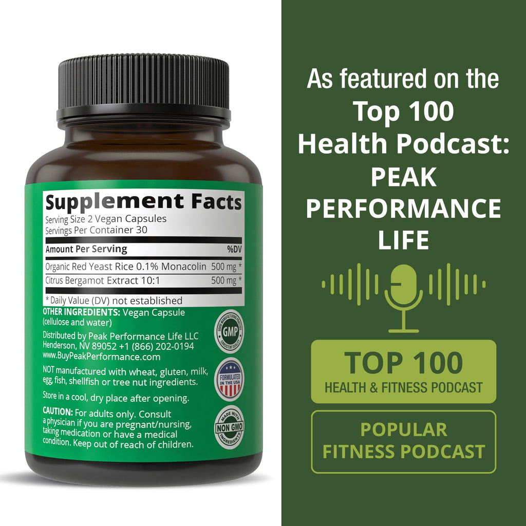 Peak Performance Citrus Bergamot + Red Yeast Rice. 2-in-1 Supplement. High Strength 10:1 Bergamot Extract. No Gluten, Zero Sugar, Vegan Capsules