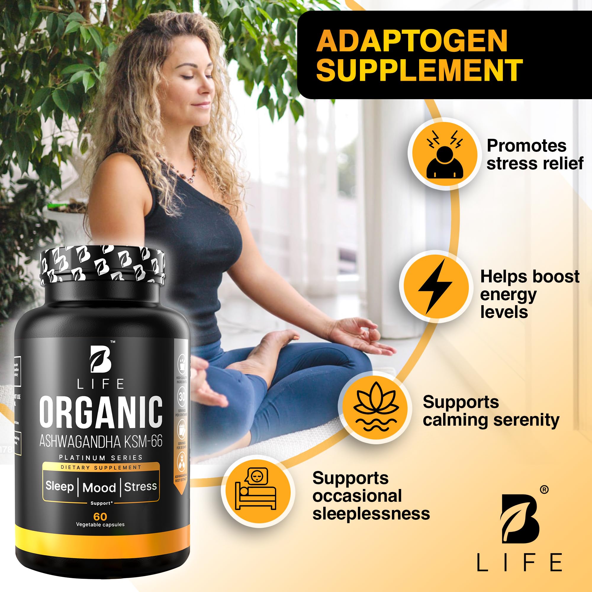 Organic Ashwagandha KSM-66 1000 mg Supplement | Adaptogen for Cortisol Support & Stress Relief | Mood, Calm & Sleep Aid for Men & Women | Ashwagandha ritual vitamins for women | 60 Vegan Caps B Life Company Au supplements