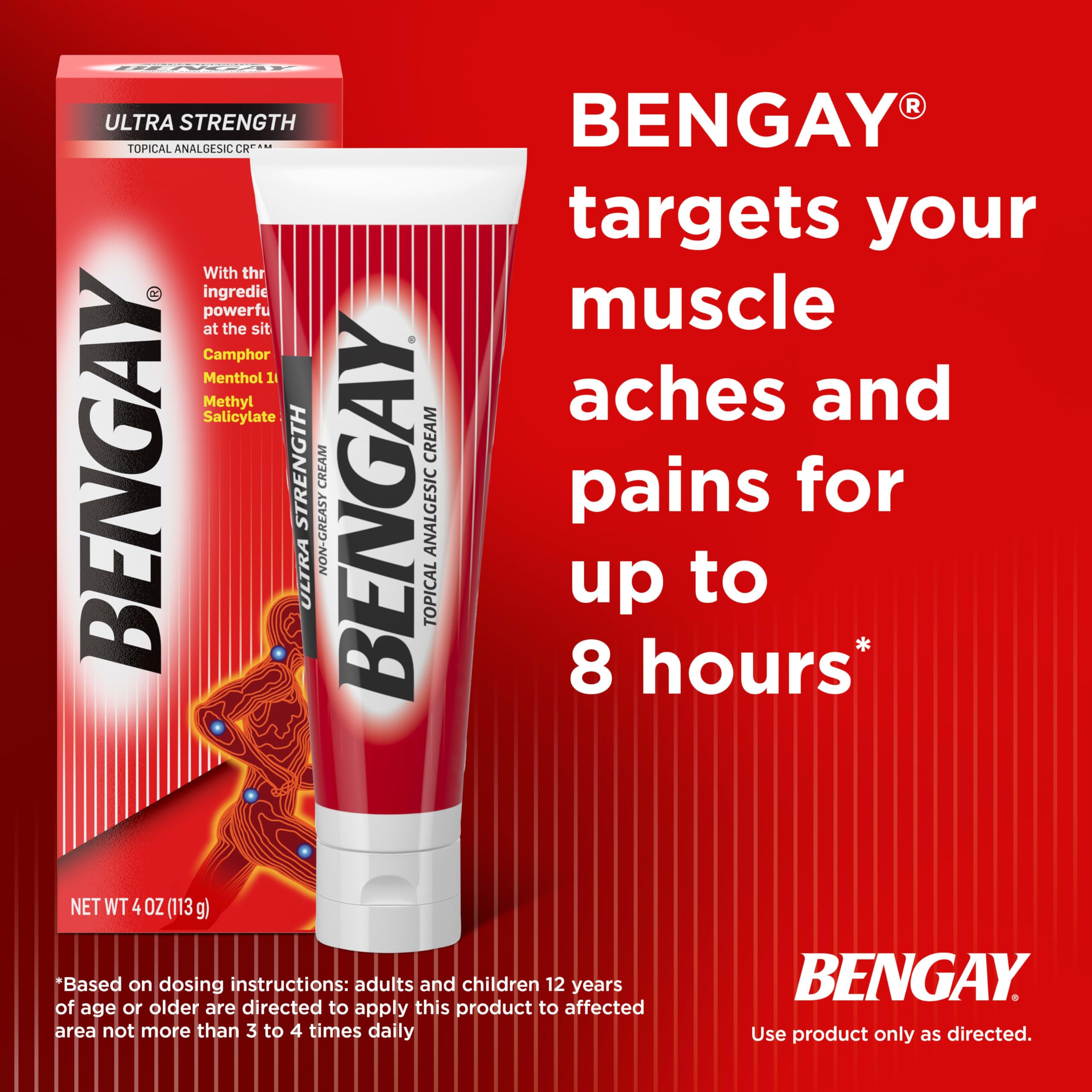 Bengay Ultra Strength Topical Pain Relief Cream, Non-Greasy Topical Analgesic for Minor Arthritis, Muscle, Joint and Back Pain, Camphor, Menthol and Methyl Salicylate, 4 OZ Bengay Au supplements