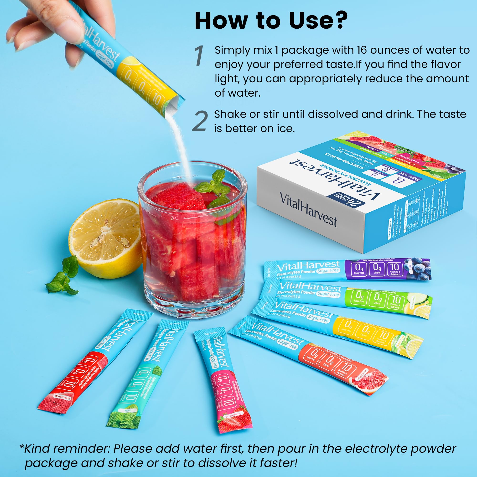 24 Sticks Electrolytes Powder Packets 7 Flavors Sugar Free Hydration Packets Liquid Daily IV Drink Mix, Low Sodium, Lemon Lime, Watermelon, Strawberry, Grape