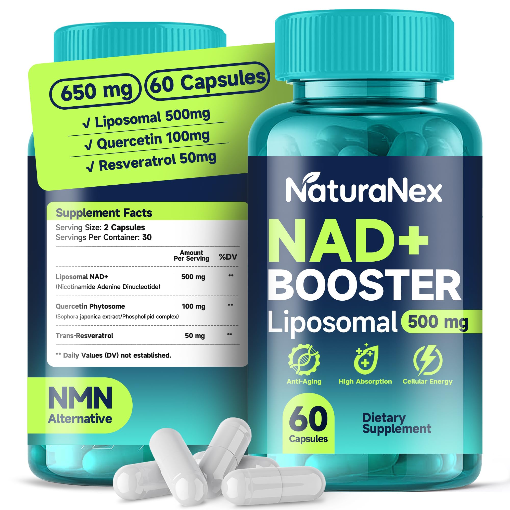 NaturaNex NAD+ Supplement 650mg (60 Capsules), Liposomal NAD+ with Resveratrol & Quercetin, Third-Party Tested, NMN Supplement Alternative NaturaNex Au supplements