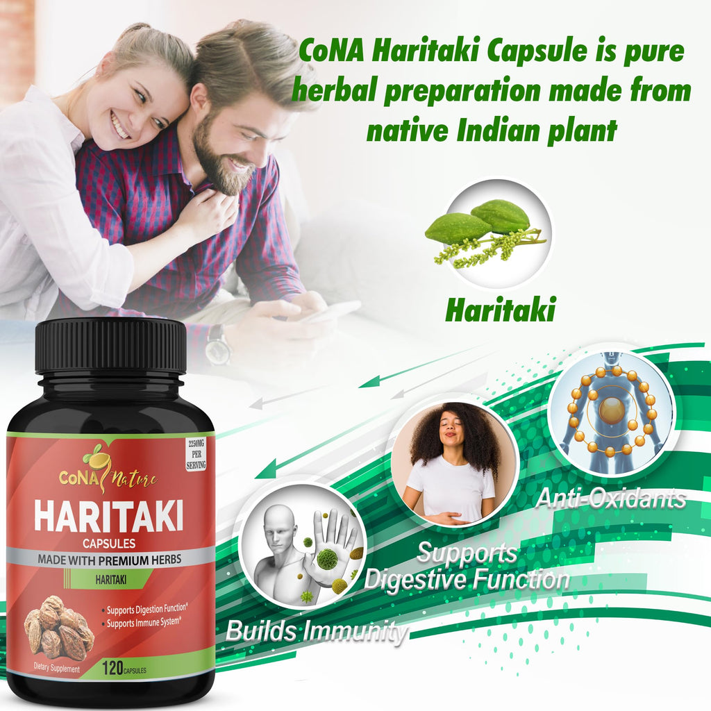 Cona Nature Organic India Haritaki Capsules 2250MG, Rejuvenation, Improving Digestion, Maintains Regularity | Non-GMO Vegan Gluten-Free Herbs and Supplements, 120 Caps