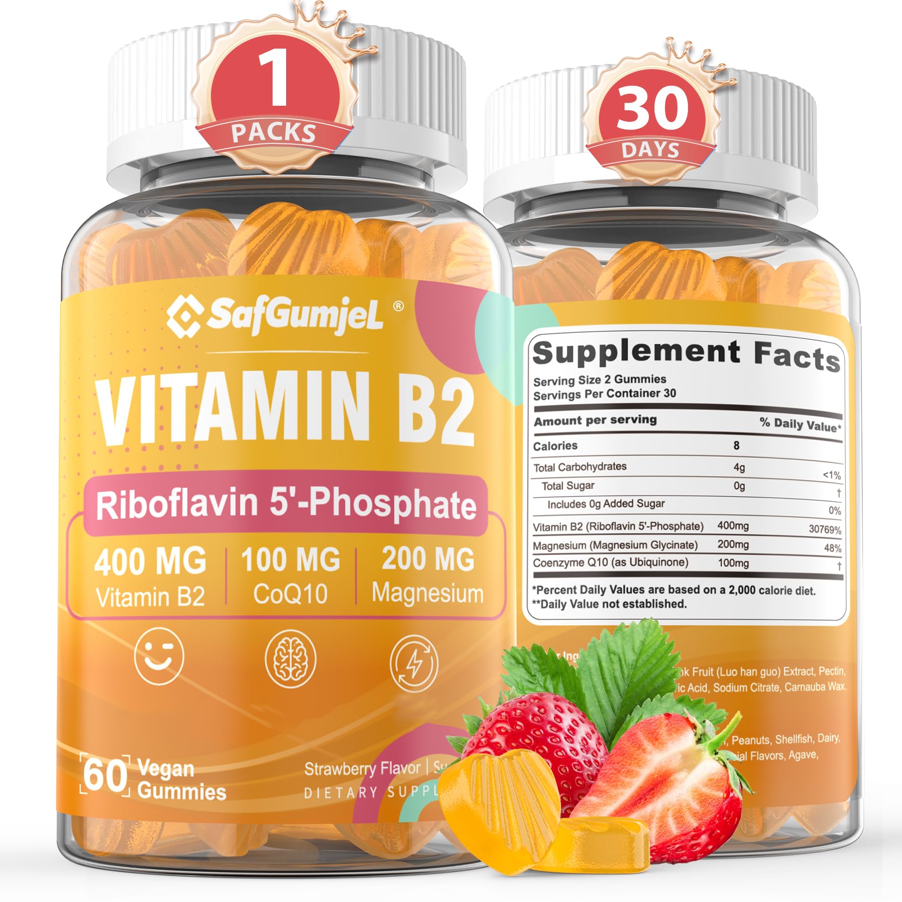 Safgumjel Vitamin B2 Gummies | Riboflavin 400mg with Magnesium & CoQ10 for Migraine Relief & Headache Relief | Sugar Free, Vegan, Strawberry Flavor, 60 Count