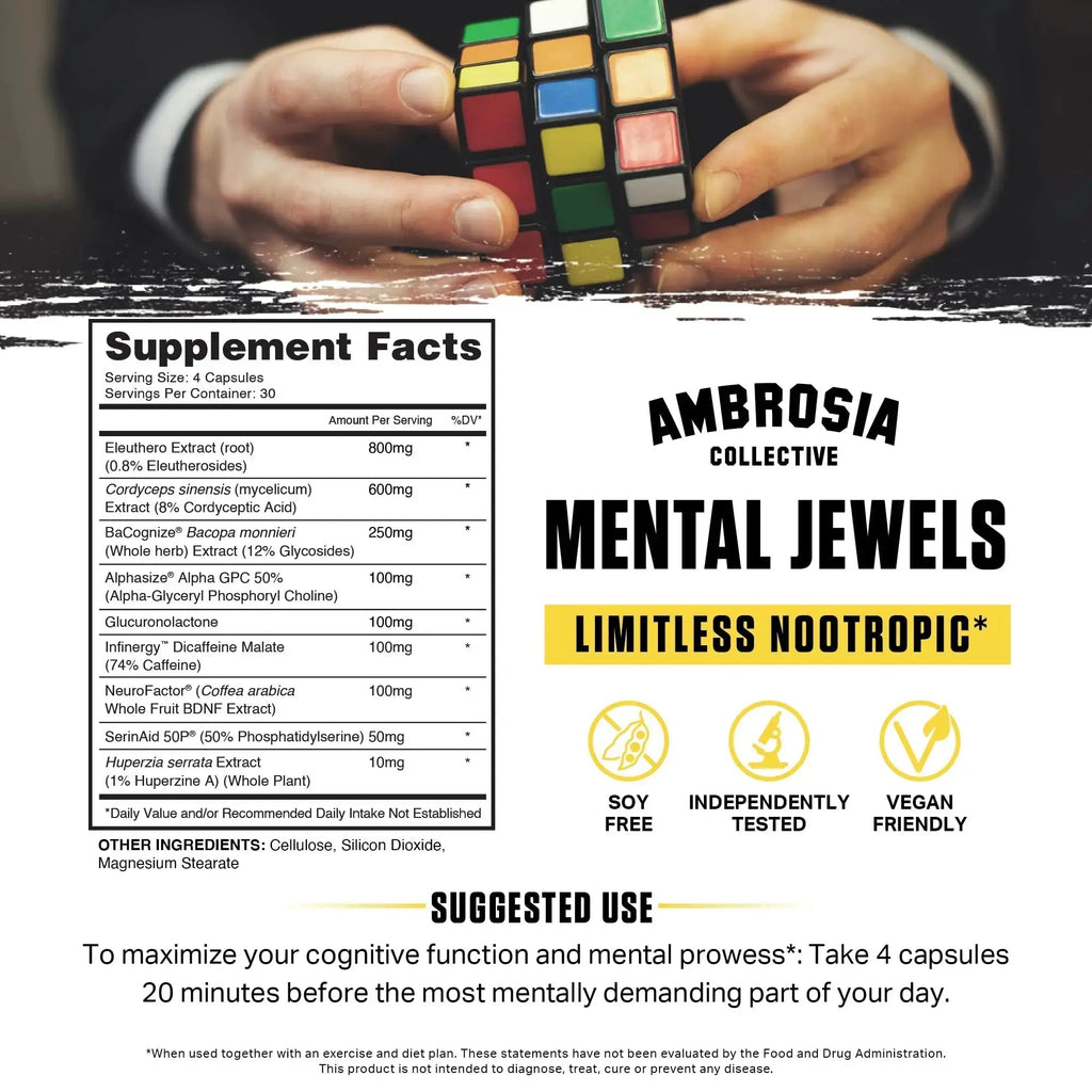 Ambrosia Mental Jewels (Capsules) - Cognitive Enhancer | Increase Memory, Communication Skills, Concentration & Focus | Alpha GPC, Choline, BaCognize Ambrosia Au supplements
