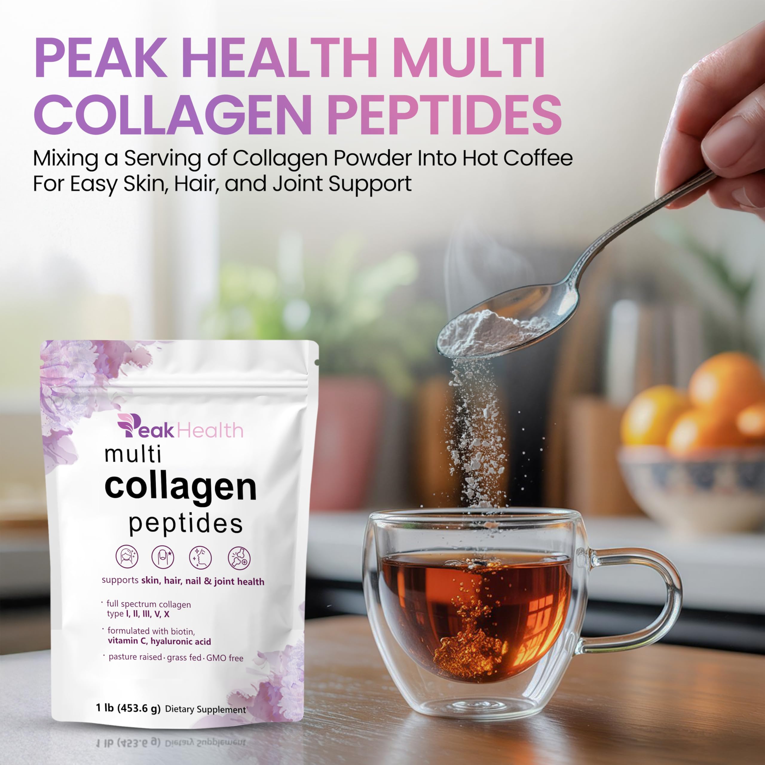 Multi Collagen Peptides Powder, 1 Pounds collagen powder- Type I,II,III,V,X with Biotin 10000mcg, Hyaluronic acid powder, Vitamin C - Unflavored Collagen Protein Powder