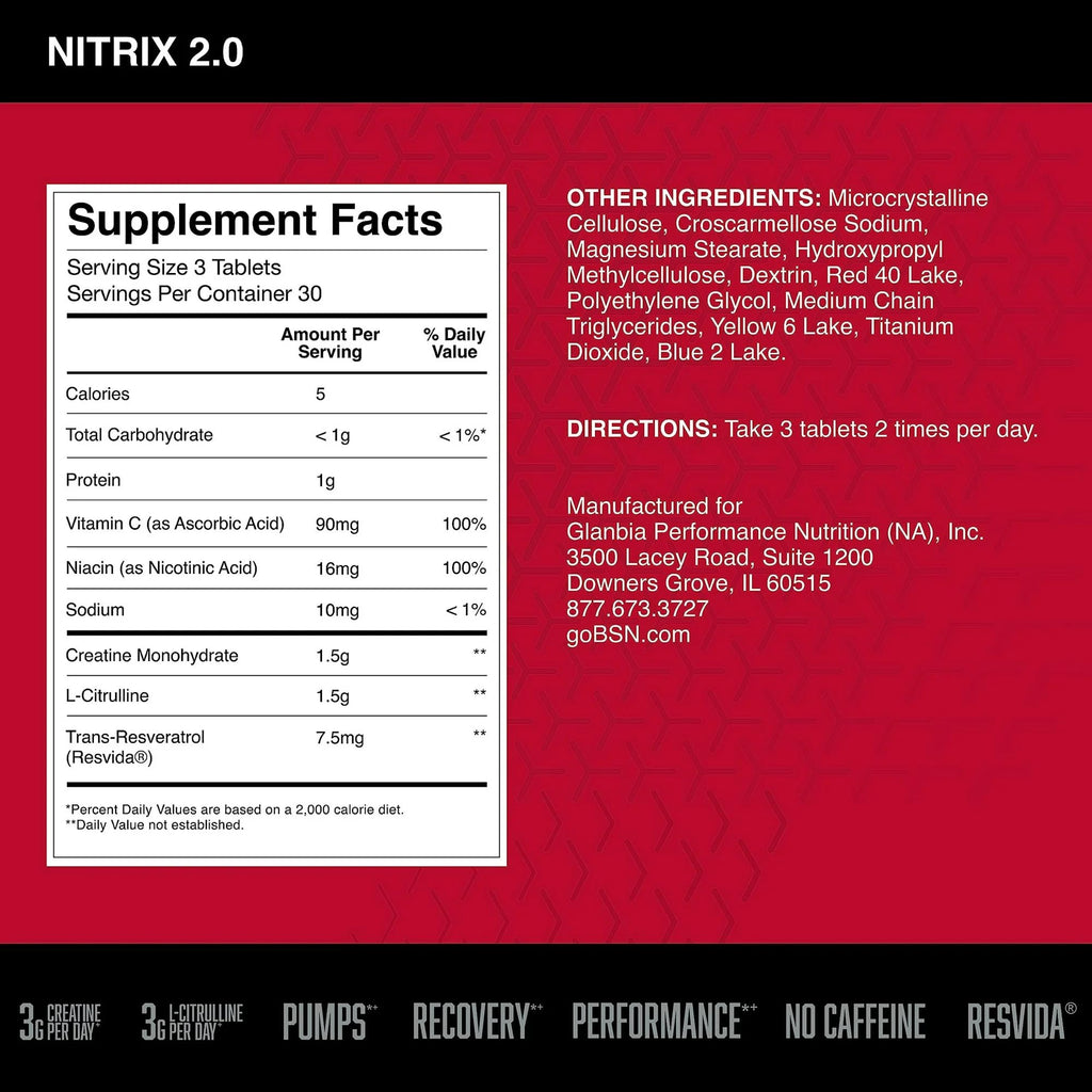 BSN NITRIX 2.0, Workout Supplement, Nitric Oxide Precursors, 3g Creatine, 3g L Citrulline, L-Citrulline, Supports Workout Performance, Pumps, Muscle Recovery