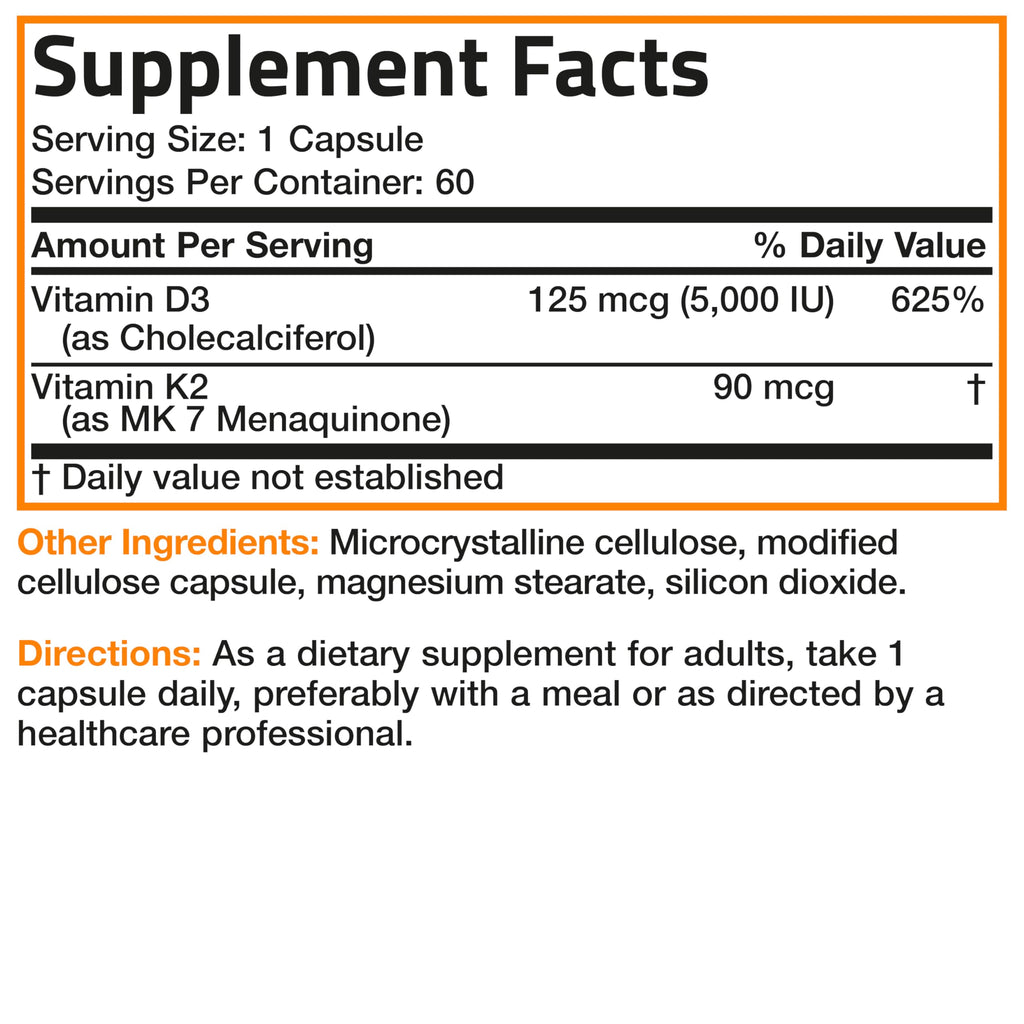 Bronson Vitamin K2 D3 (MK7) Supplement Non-GMO Formula Vitamin D3 5000IU (125 mcg) & 90 mcg K2 MK-7