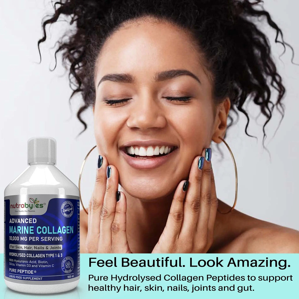 Marine Collagen Liquid 10000mg Sugar Free, Hydrolysed Peptides | Hyaluronic Acid, Biotin, Silica, Vitamin C, Vitamin D3 NUTRABYTES Au supplements