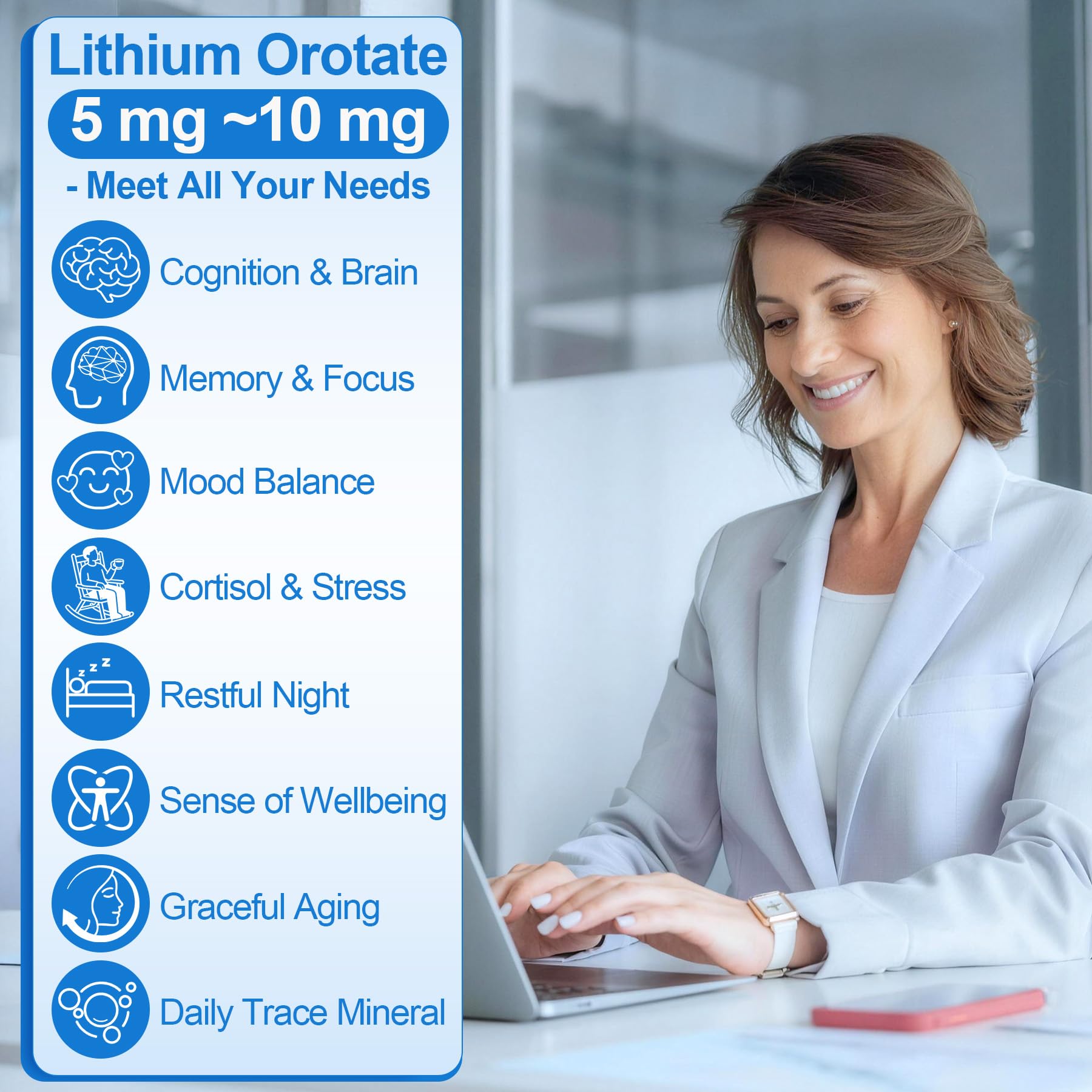 12-in-1 Lithium Orotate 5mg 10mg with Ashwagandha & L-Theanine, Lithium Orotate for Mood, Calm, Cognitive & Brain, High Bioavailability Trace Mineral, Lemon Balm