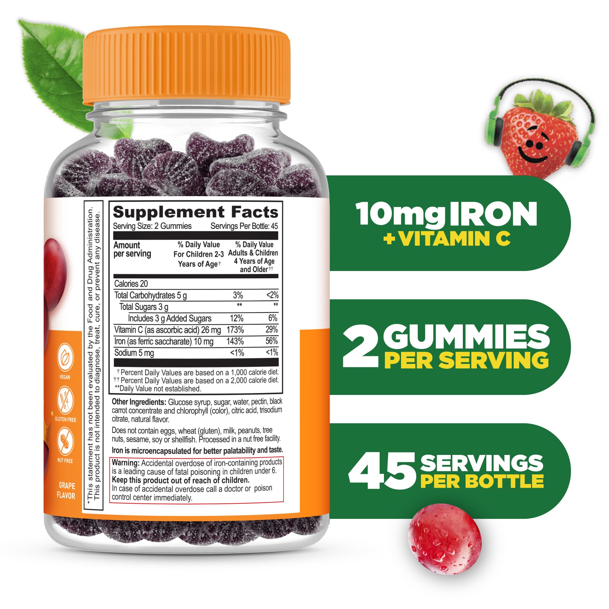 Iron Supplements for Kids | 10mg | with Vitamin C | Great Tasting Iron Gummies for Kids | Vegan Non GMO Kids Iron | for Immune Health