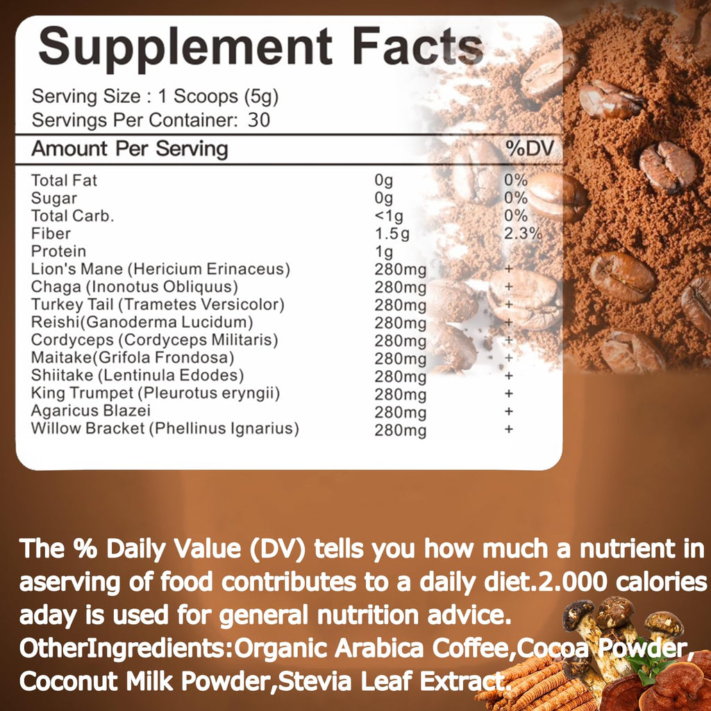 Suiyilary Mushroom Coffee, 10 Mushroom Extract Powder Blend Lion's Mane, Reishi, Chaga