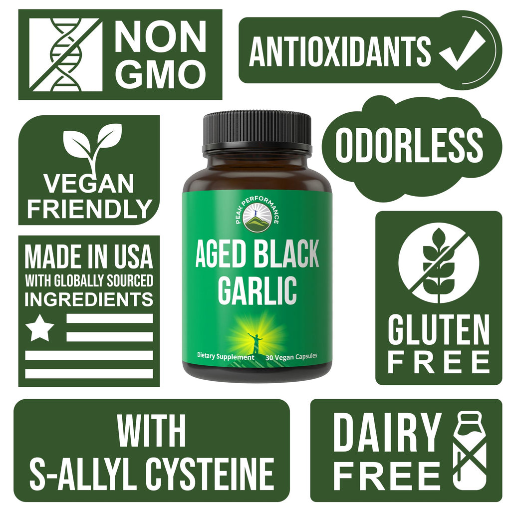 Peak Performance Aged Black Garlic Capsules. Raw Vegan Pure Odorless Extract Supplement Pills for Cholesterol, and Immune Support. from Garlic Bulb with S-Allyl Cysteine and Antioxidants Peak Performance Au supplements