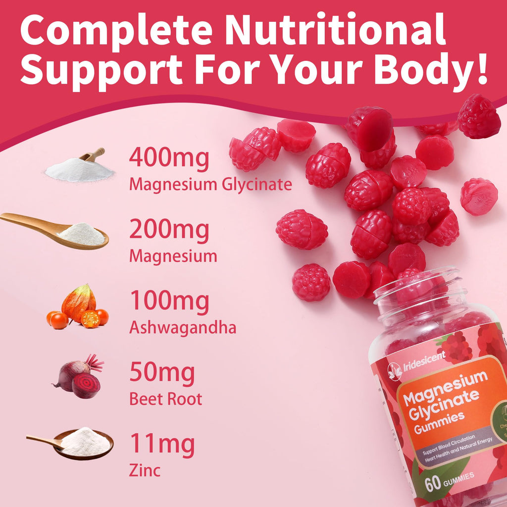 IRIDESICENT Magnesium Glycinate Gummies 400mg, Sugar Free Magnesium Supplement w/Ashwagandha, Zinc, Vegan Magnesium Glycinate Supplement for Adults - 120 Cherry Gummies IRIDESICENT Au supplements