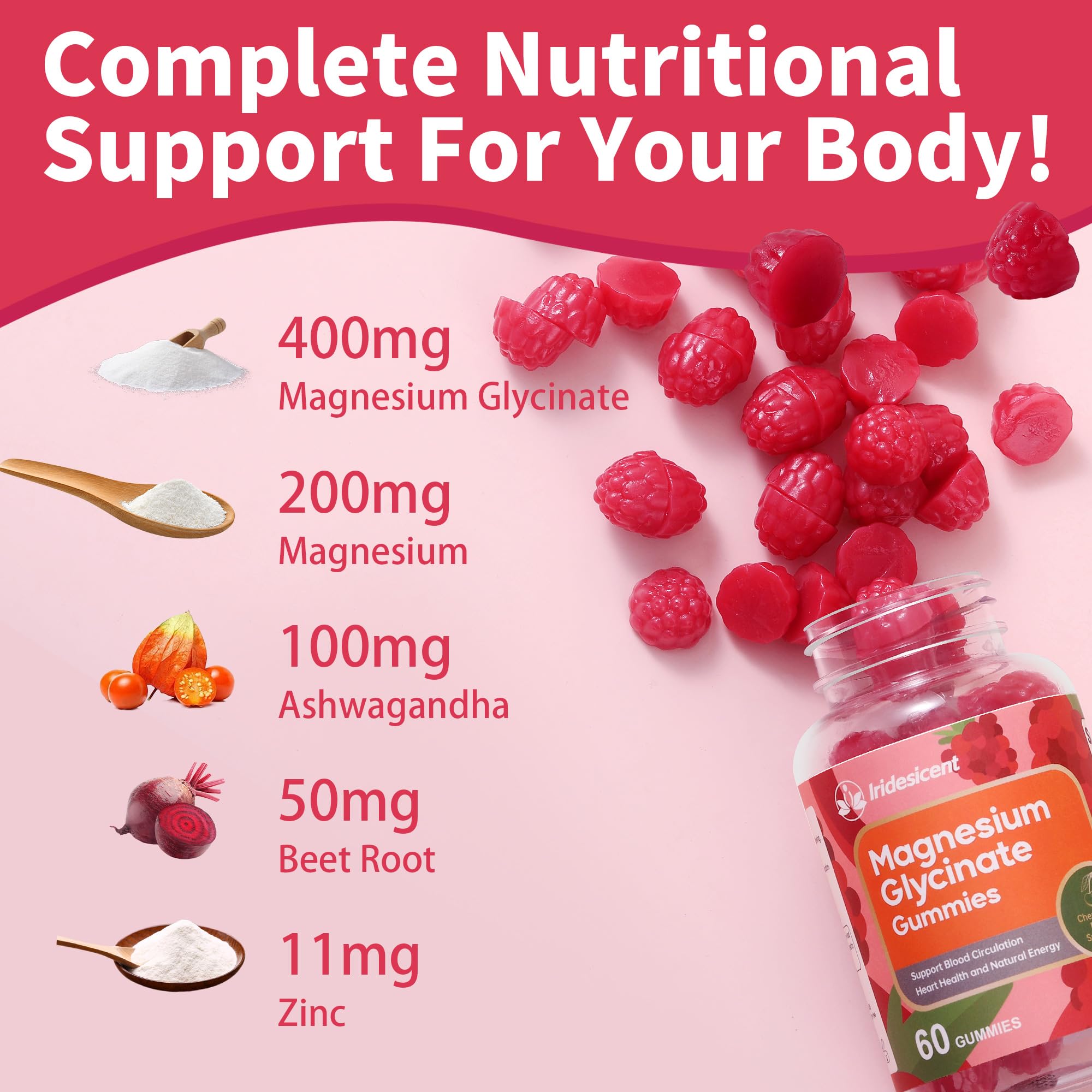 IRIDESICENT Magnesium Glycinate Gummies 400mg, Sugar Free Magnesium Supplement w/Ashwagandha, Zinc, Vegan Magnesium Glycinate Supplement for Adults - 120 Cherry Gummies IRIDESICENT Au supplements