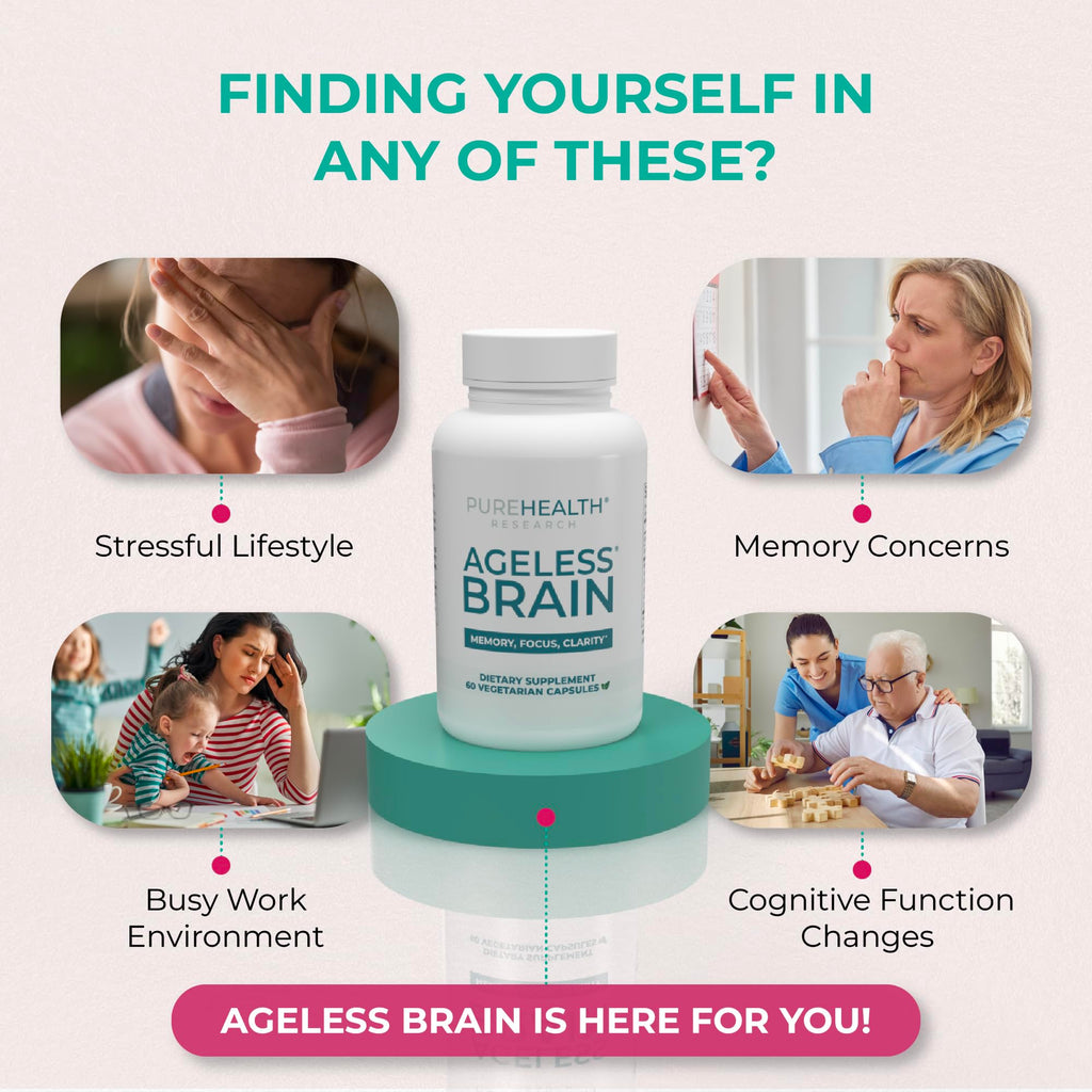 PUREHEALTH RESEARCH Ageless Brain Supplements for Memory and Focus - Nootropic Brain Health Supplement for Adults - with Bacopa Monieri, Alpha GPC, L-Tyrosine, Vitamin B6, Niacin & More, 60 Capsules PUREHEALTH RESEARCH Au supplements