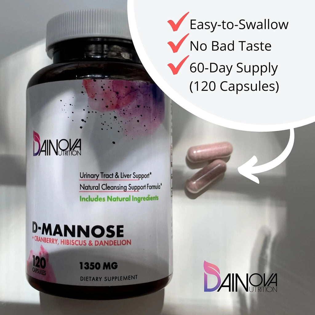 Dainova D Mannose 1350mg with Cranberry I D-Mannose Capsules for UTI Prevention, Urinary Tract Support, Urinary Tract Health for Women, & Cleanse. W/Hibiscus & Dandelion, 120 Veggie Capsules Dainova Nutrition Au supplements